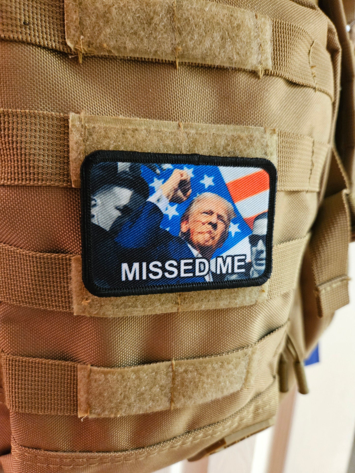 trump survived Flag background fist in the air missed me 2"x3" morale patch with hook and loop backing military joke meme