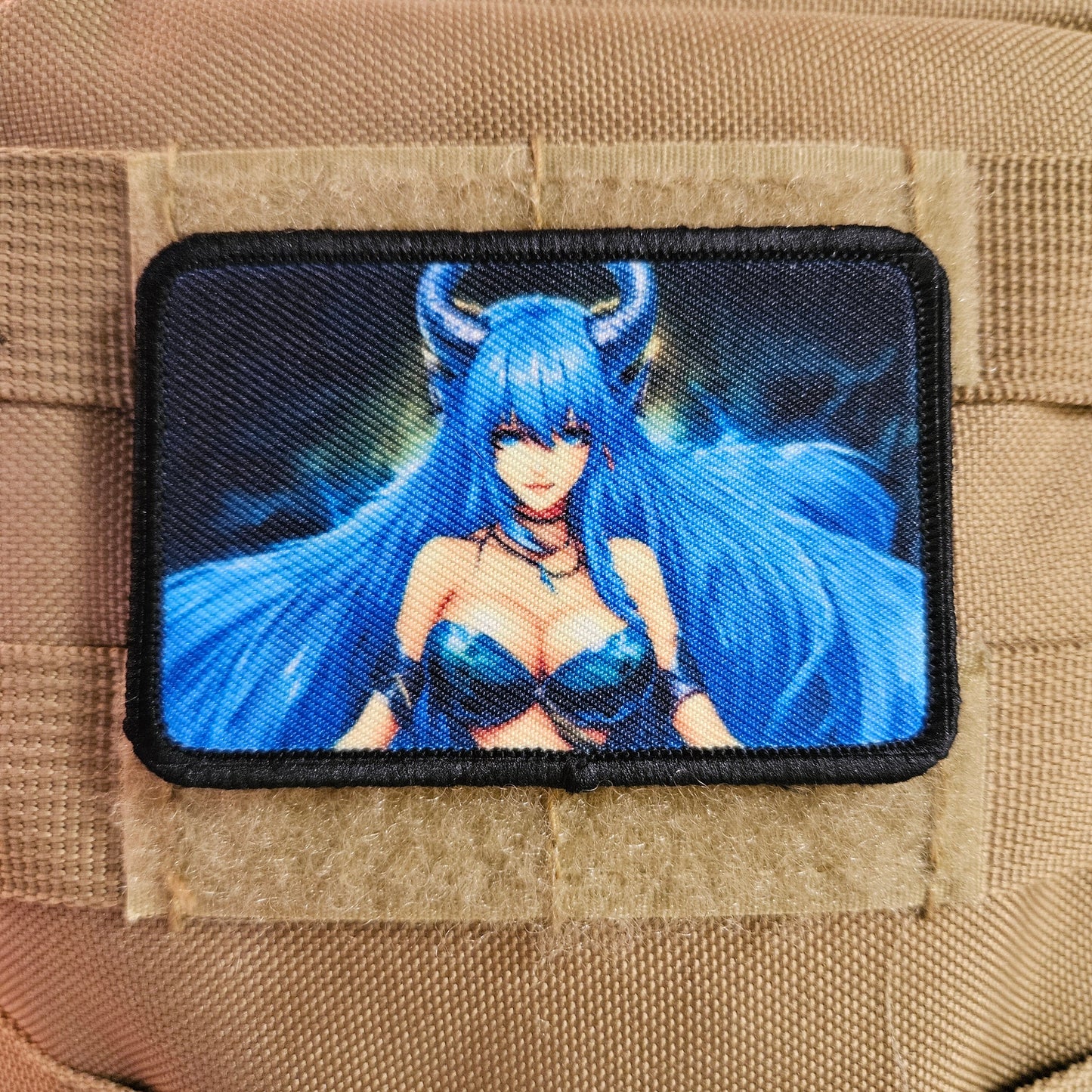 Blue haired succubus waifu 2 Sexy Anime girl cleavage bikini 2"x3" removable morale patch with hook and loop backing