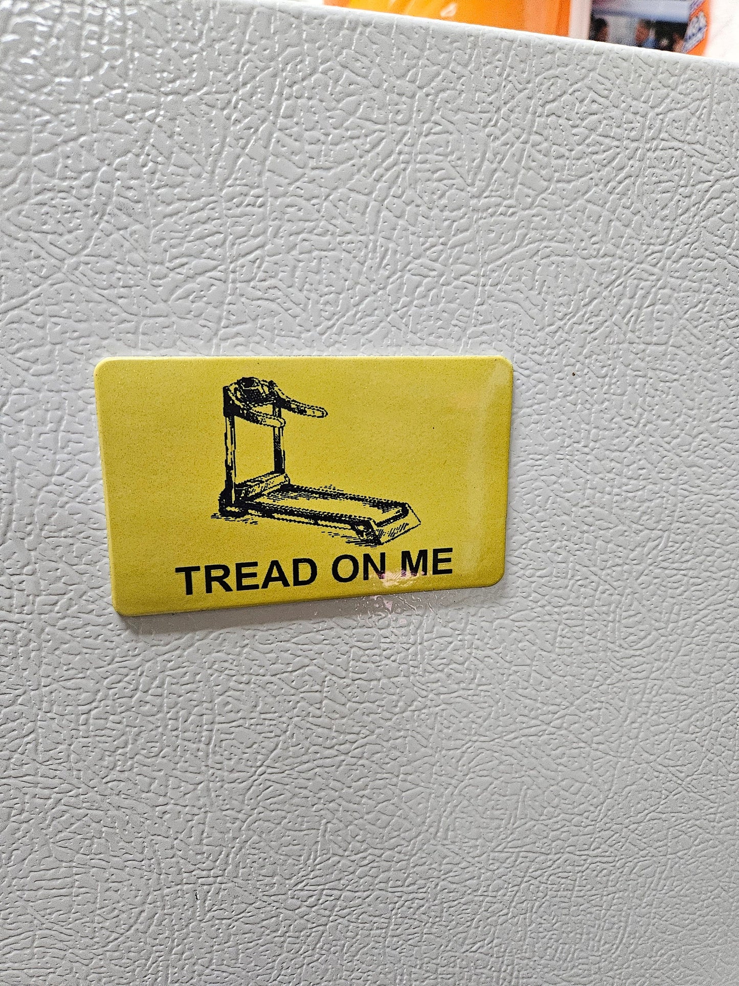Funny tread on me treadmill Gadsden flag parody fridge magnet x3. 2x3.5" dimensions