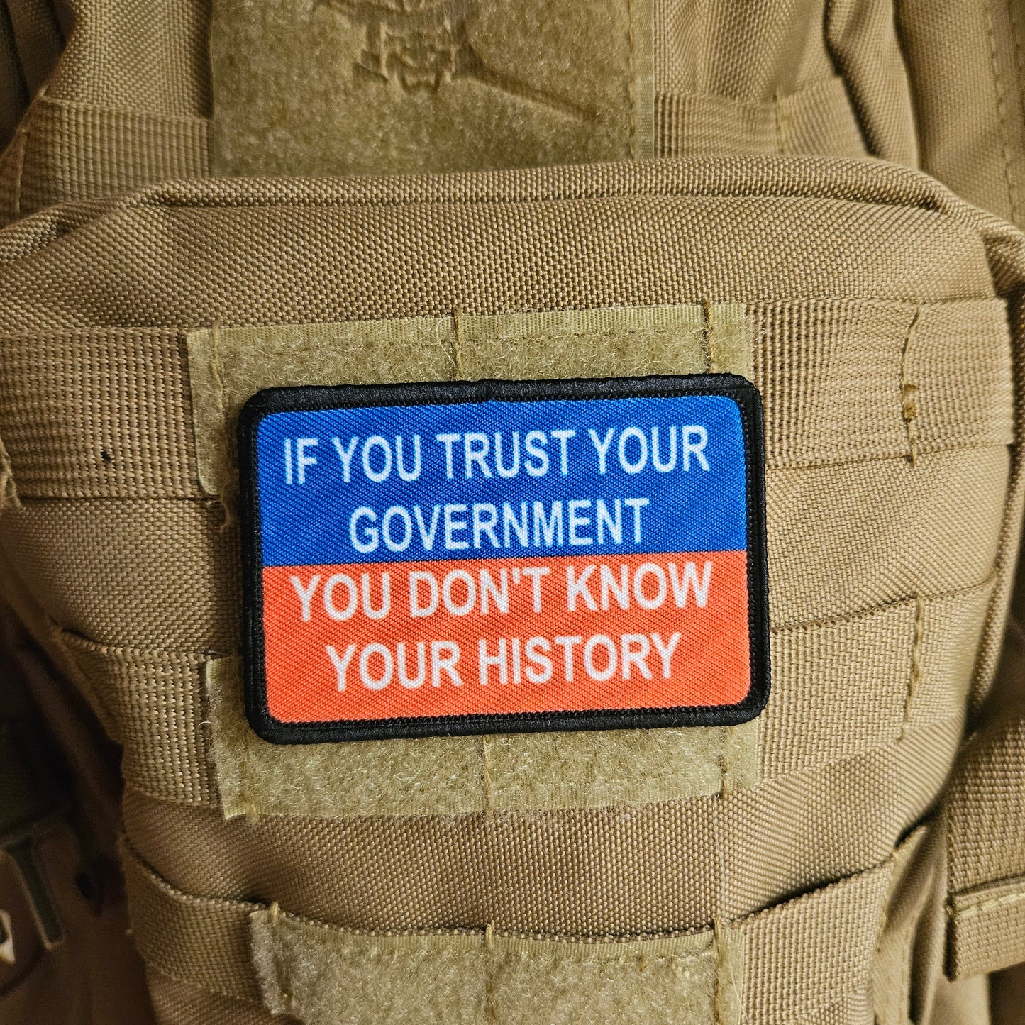 If you trust your government you dont know your history meme 2"x3" removable morale patch with hook and loop backing
