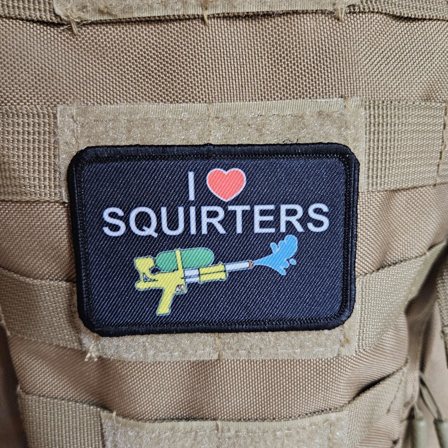 I love squirters meme 2"x3" morale patch with hook and loop backing