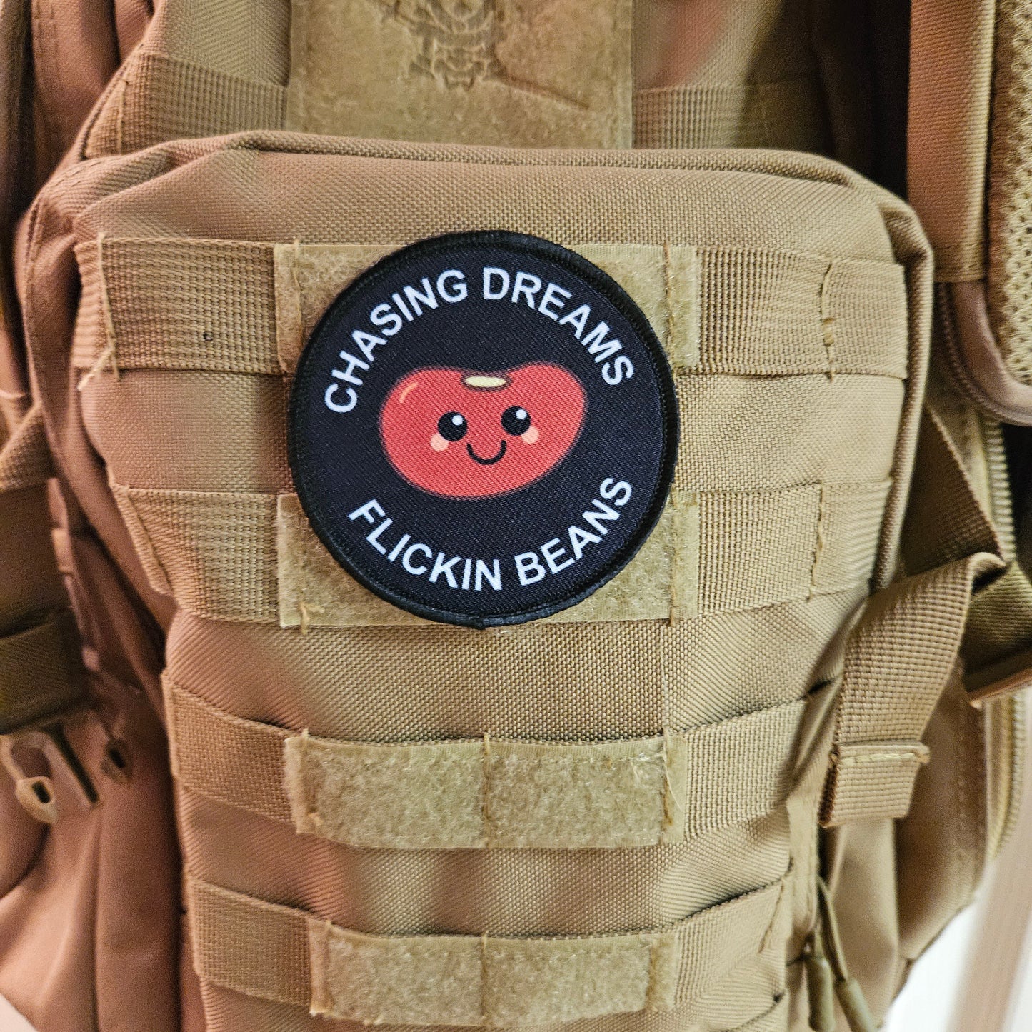 Chasing dreams flicken beans 3" circle morale patch with hook and loop backing