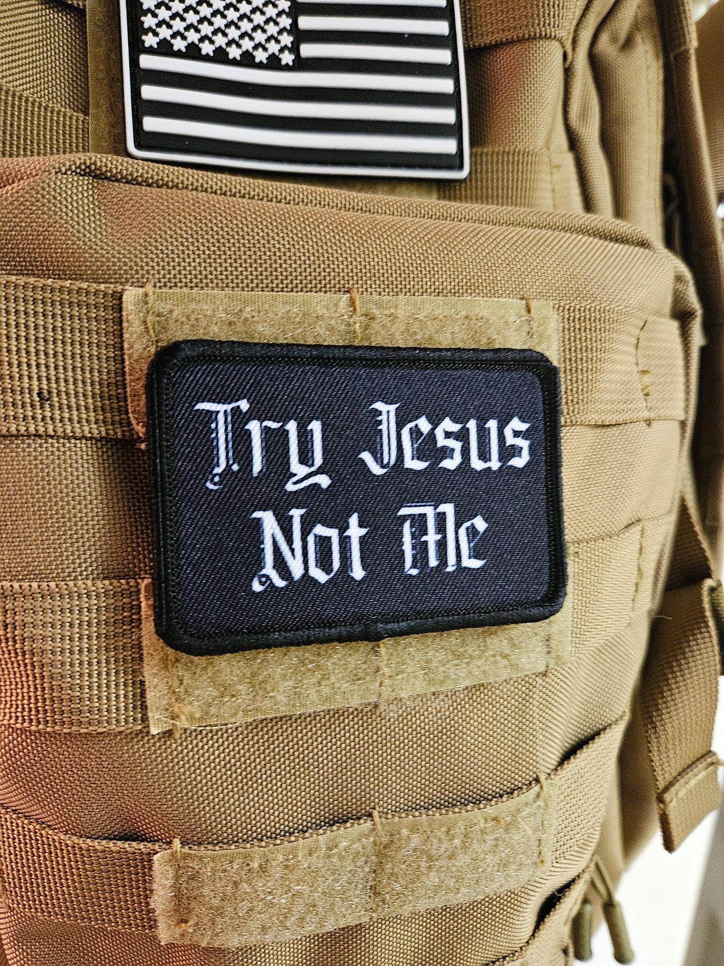 Try Jesus not me meme 2"x3" removable morale patch with hook and loop backing