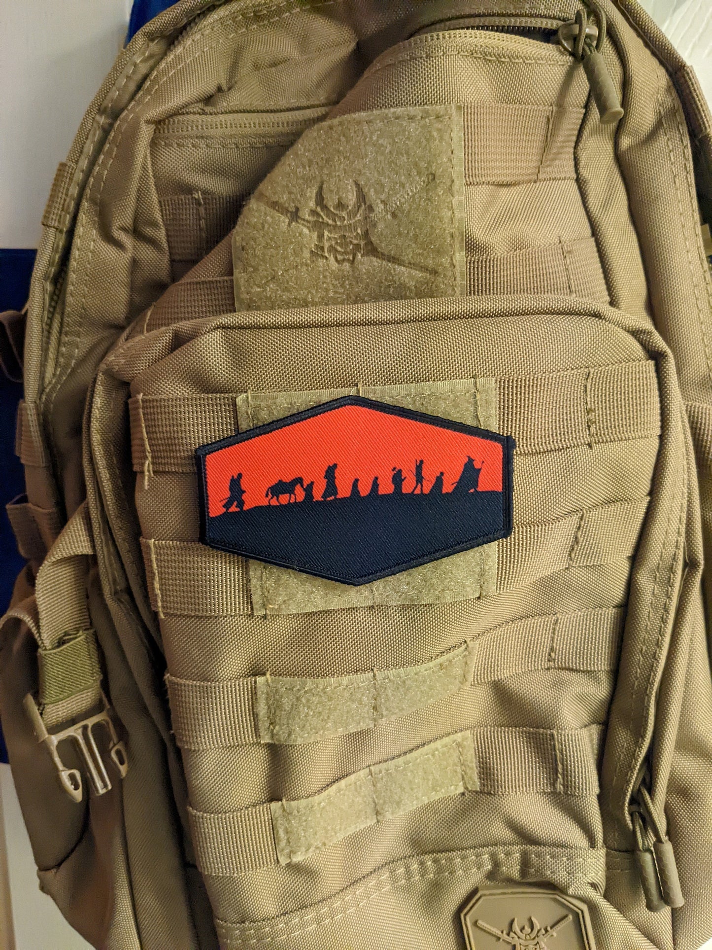 Lotr fellowship silhouette fantasy red 4"x2.5" hexagon morale patch with hook and loop backing