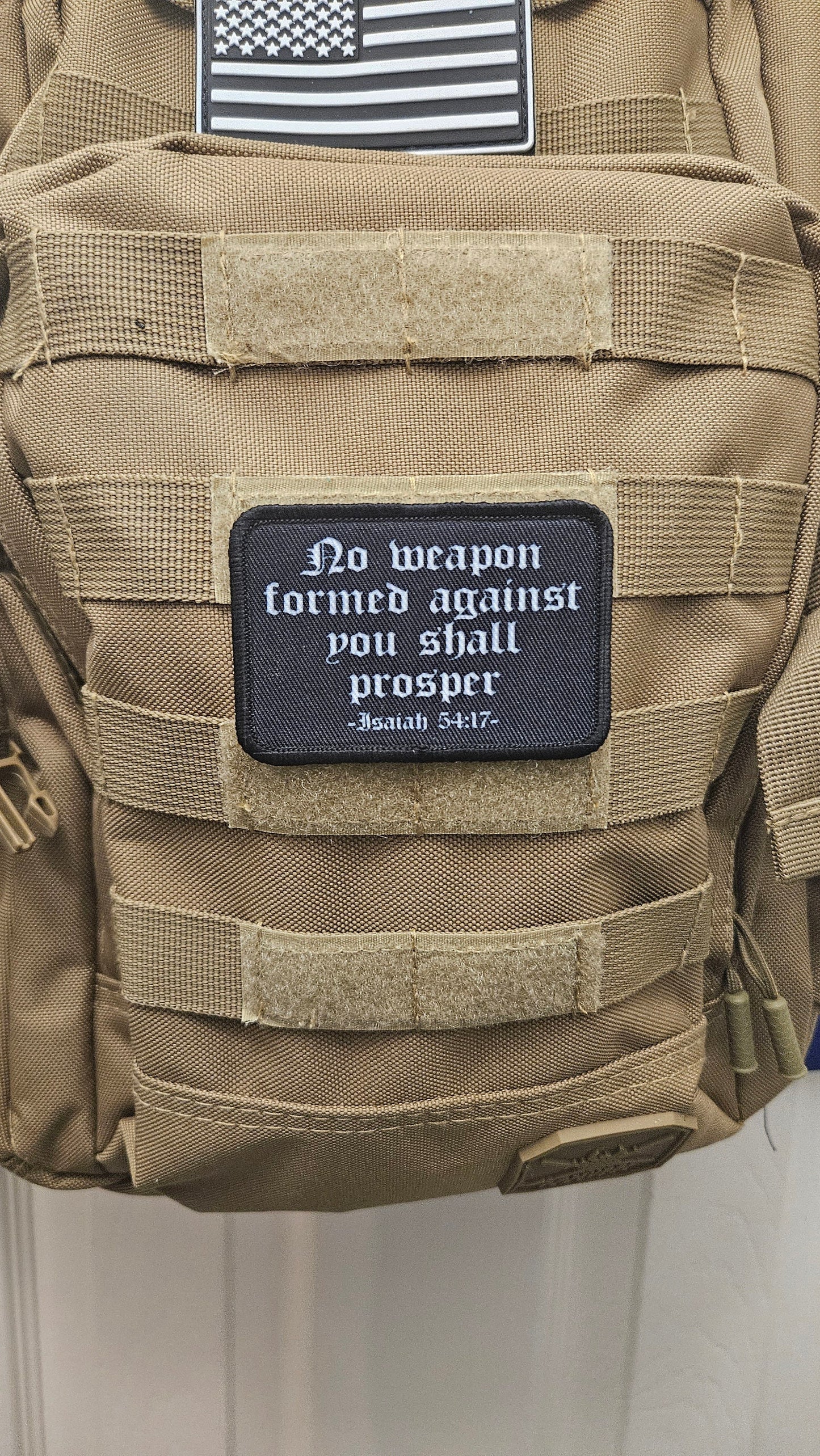 Isaiah 54:17 no weapon formed against me bible verse 2"x3" morale patch with hook and loop backing