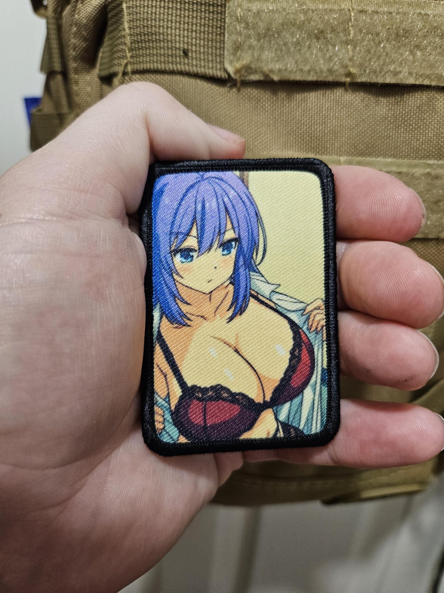 Sexy Anime girl in lingerie busty waifu 2"x3" removable morale patch with hook and loop backing