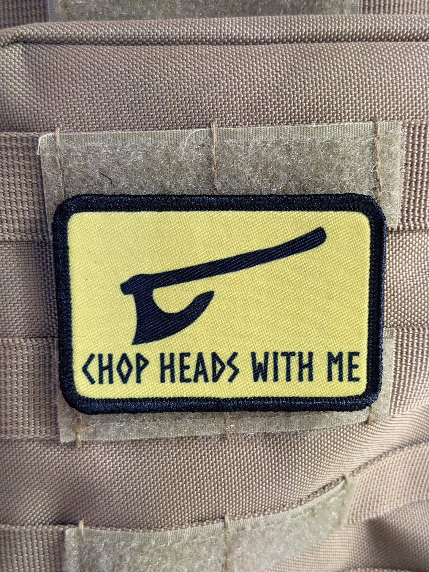 Chop heads with me Viking Norse version of Gadsden flag 2"x3" morale patch with hook and loop backing