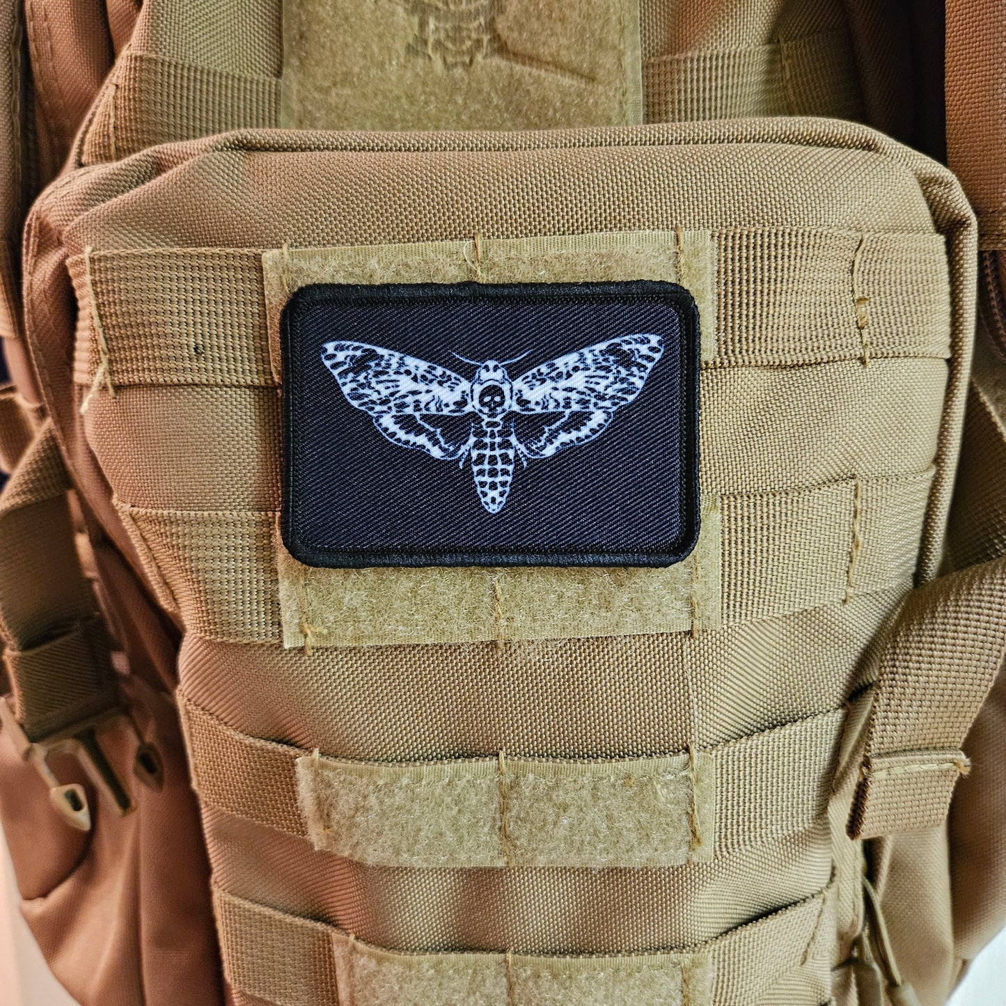 Death's head moth goth black background funny 2"x3" morale patch with hook and loop backing