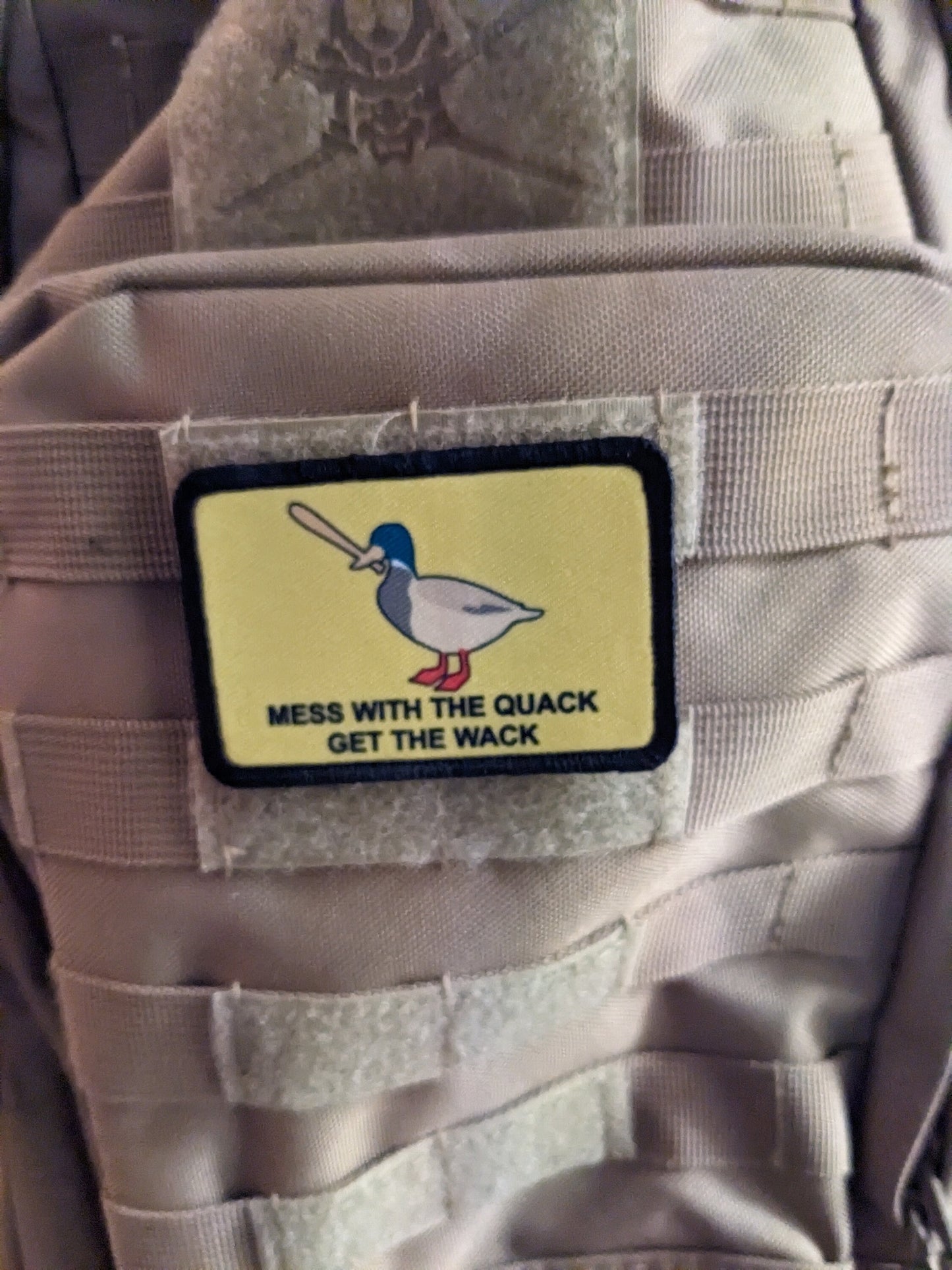 Mess with the quack get the wack Gadsden flag duck meme 2"x3" removable morale patch with hook and loop backing