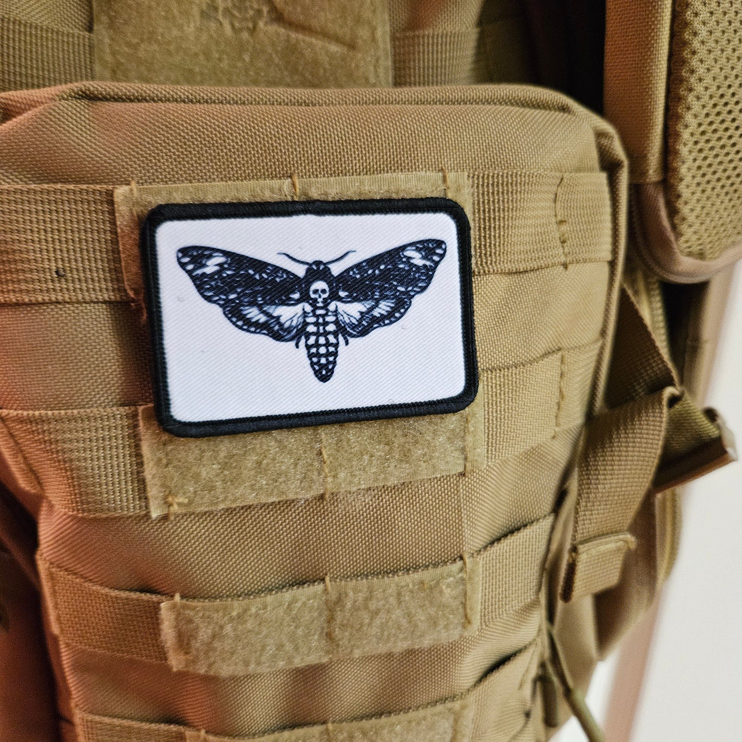 Desths head moth white background funny 2"x3" morale patch with hook and loop backing
