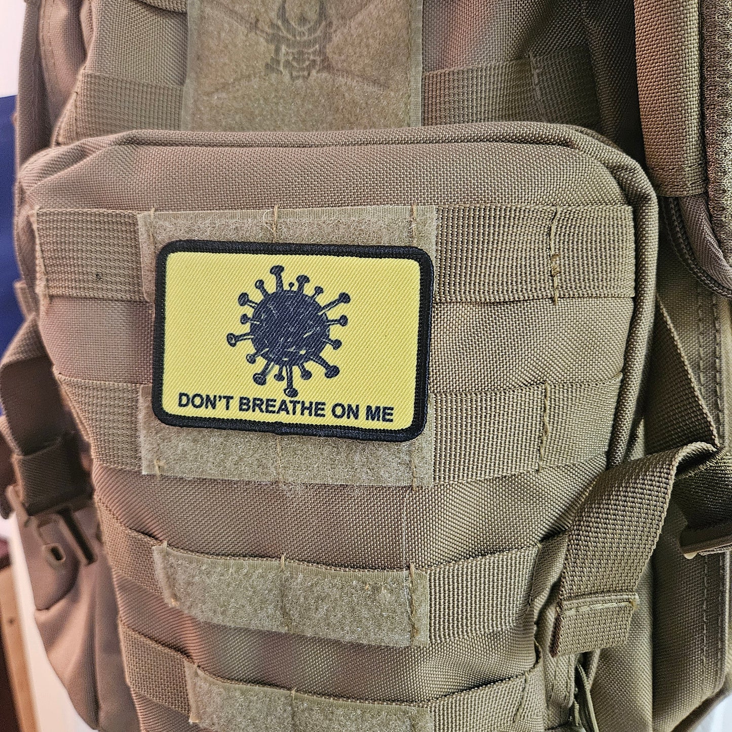 Don't breathe on me Gadsden flag meme 2"x3" removable morale patch with hook and loop backing