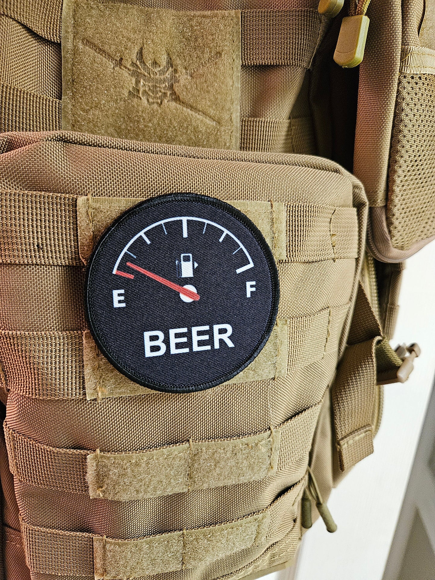 Running on empty beer meme 3" circle removable morale patch with hook and loop backing
