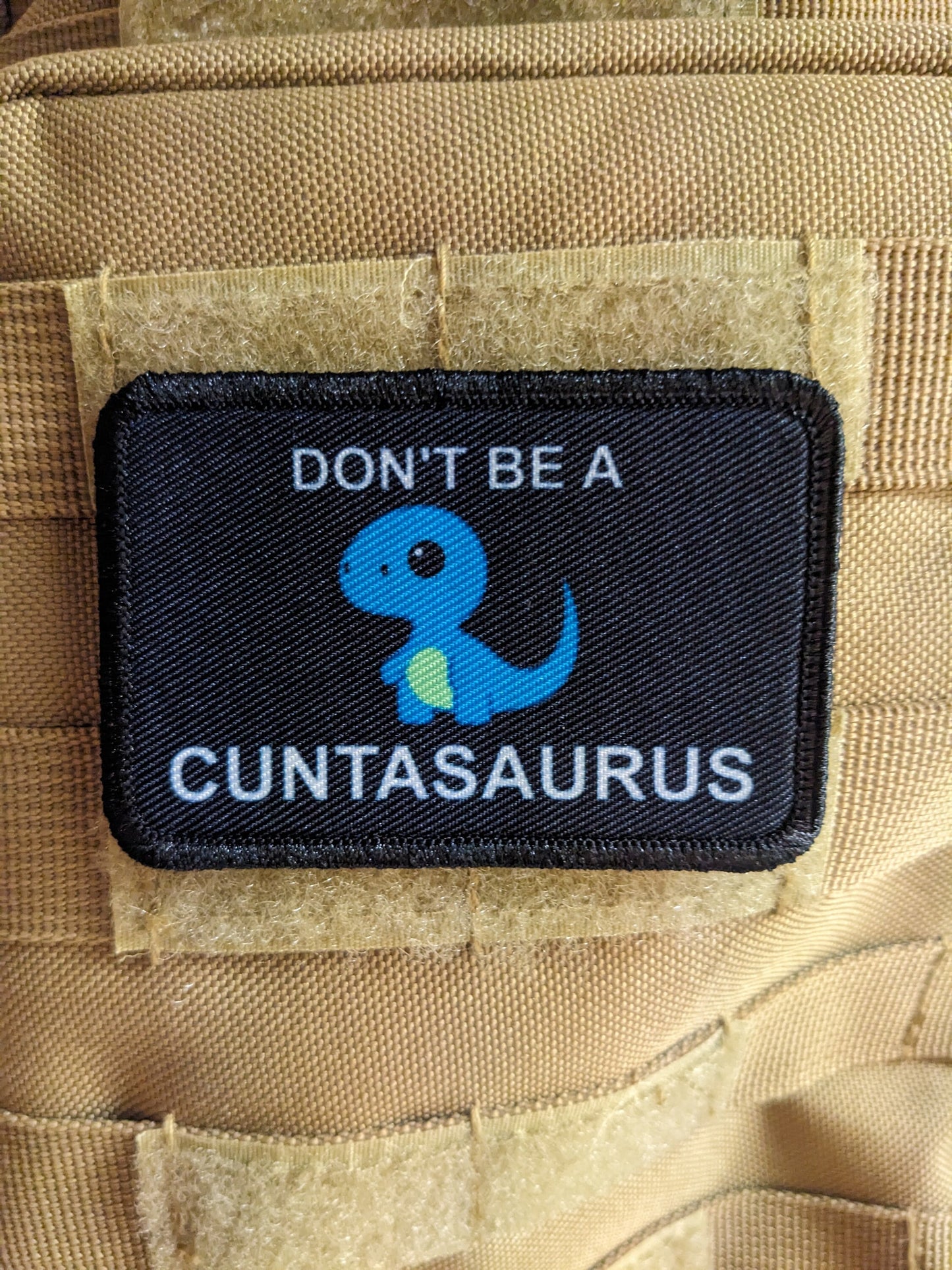 Don't be a cuntasaurus dinosaur meme 2"x3" morale patch with hook and loop backing