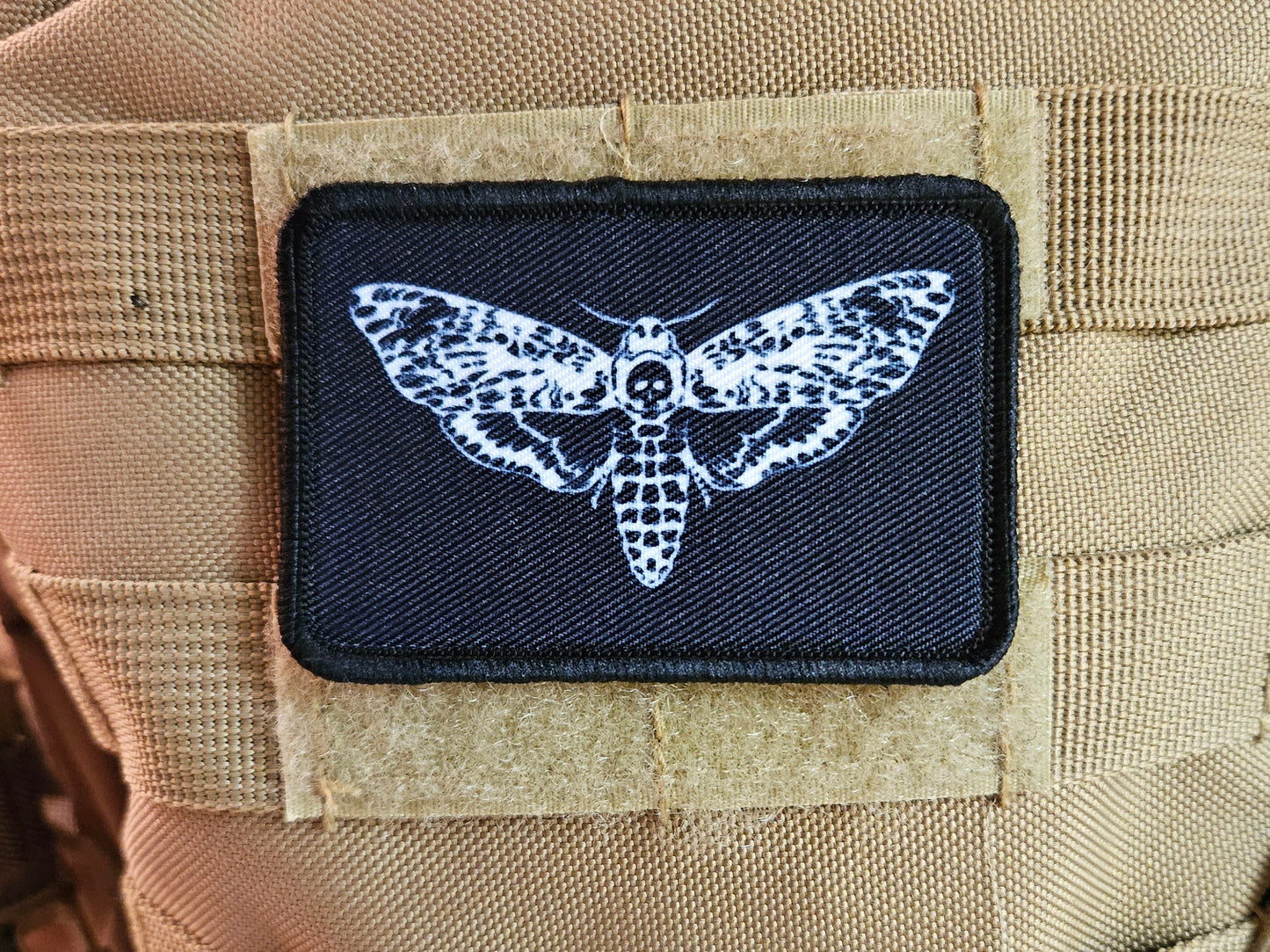 Death's head moth goth black background funny 2"x3" morale patch with hook and loop backing