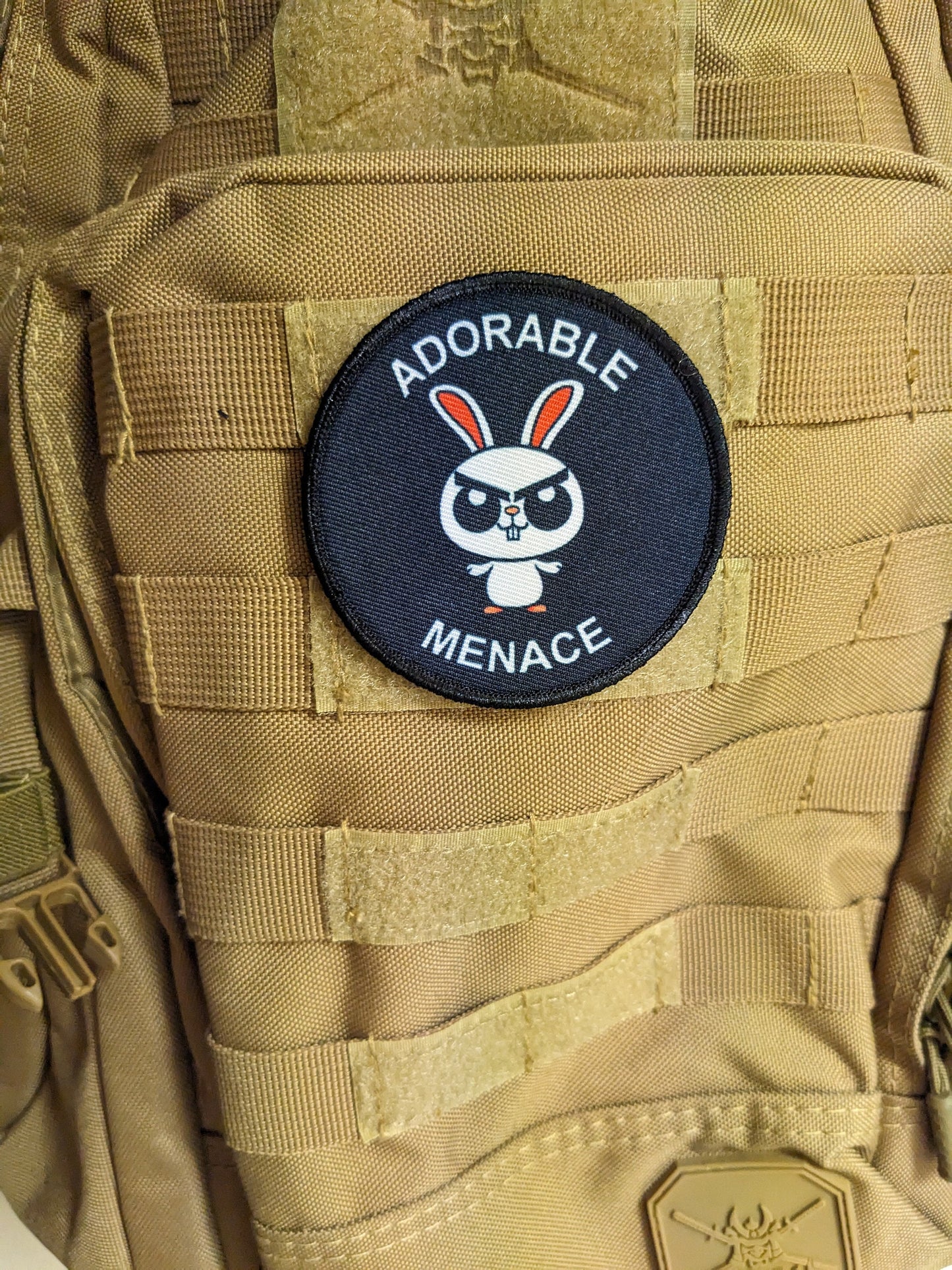 Cute bunny rabbit adorable menace meme 3" circle removable morale patch with hook and loop backing toddler