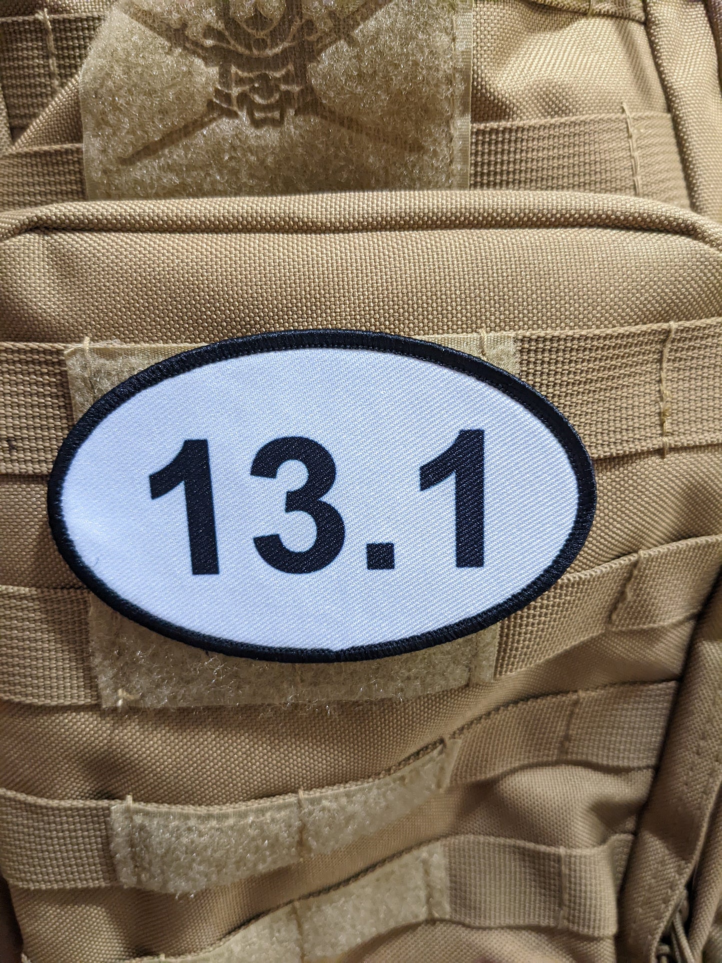 13.1 half marathon running celebration 4"x2.5" oval morale patch with hook and loop backing