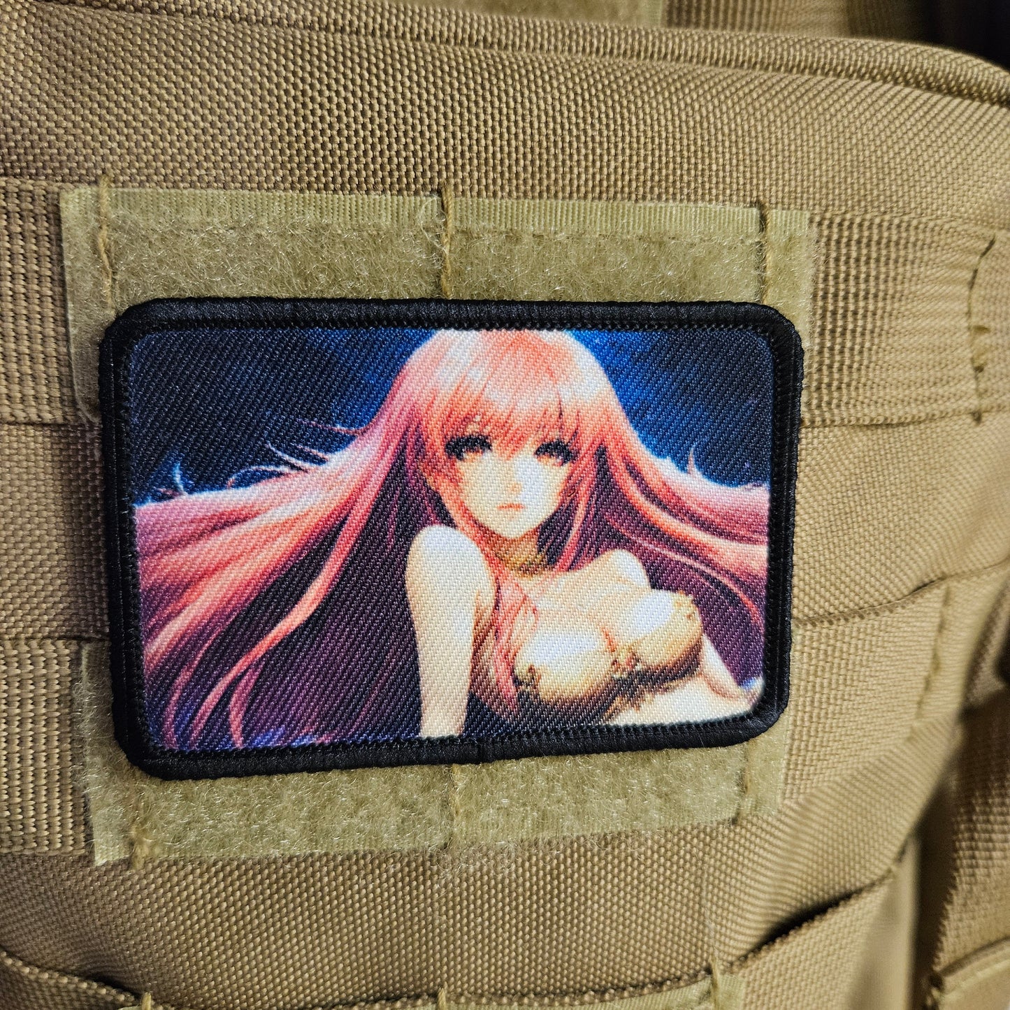 Long Pink hair waifu Sexy Anime girl cleavage bikini 2"x3" removable morale patch with hook and loop backing