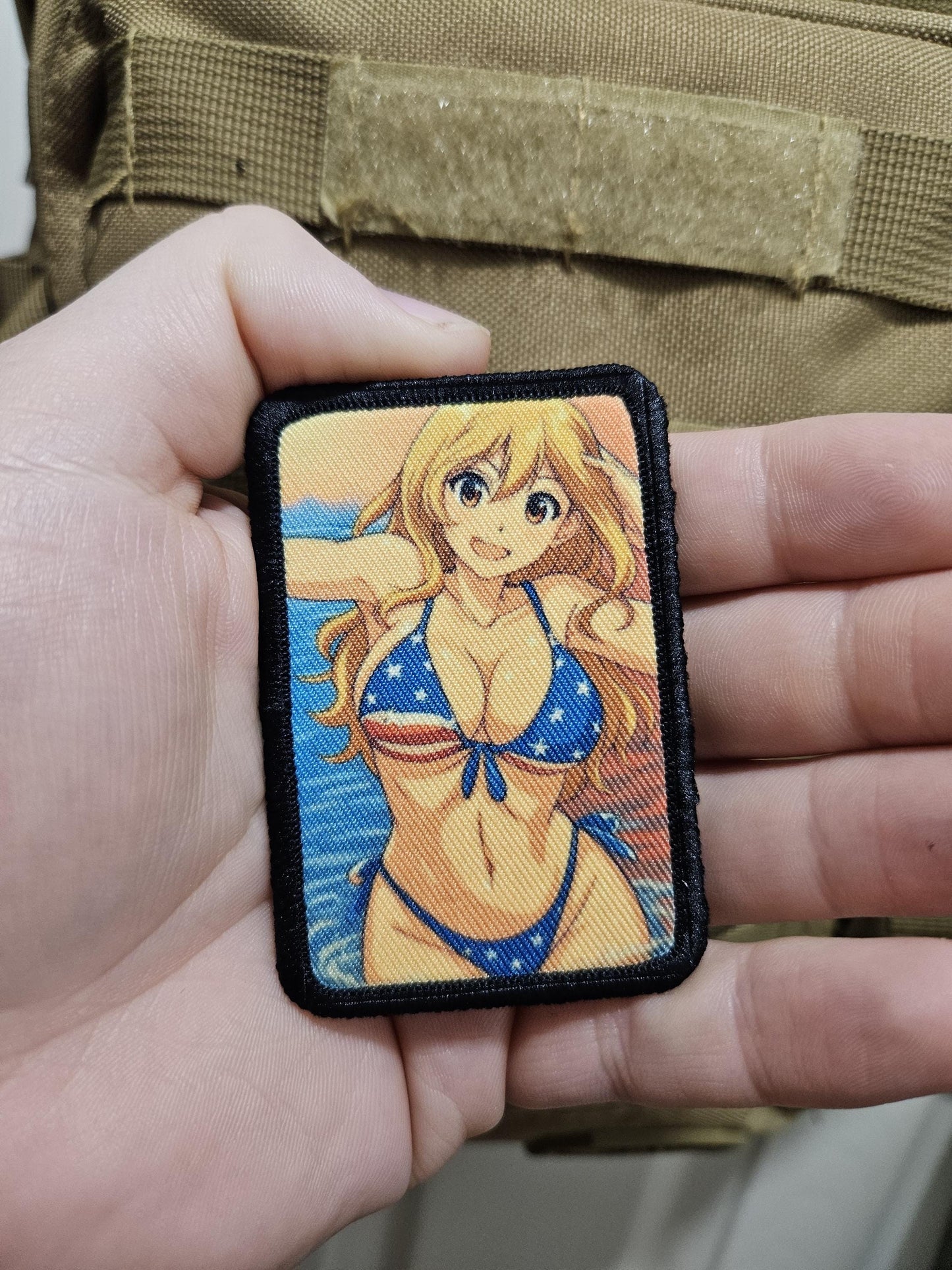 Sexy Anime girl cleavage american flag bikini waifu 2"x3" removable morale patch with hook and loop backing