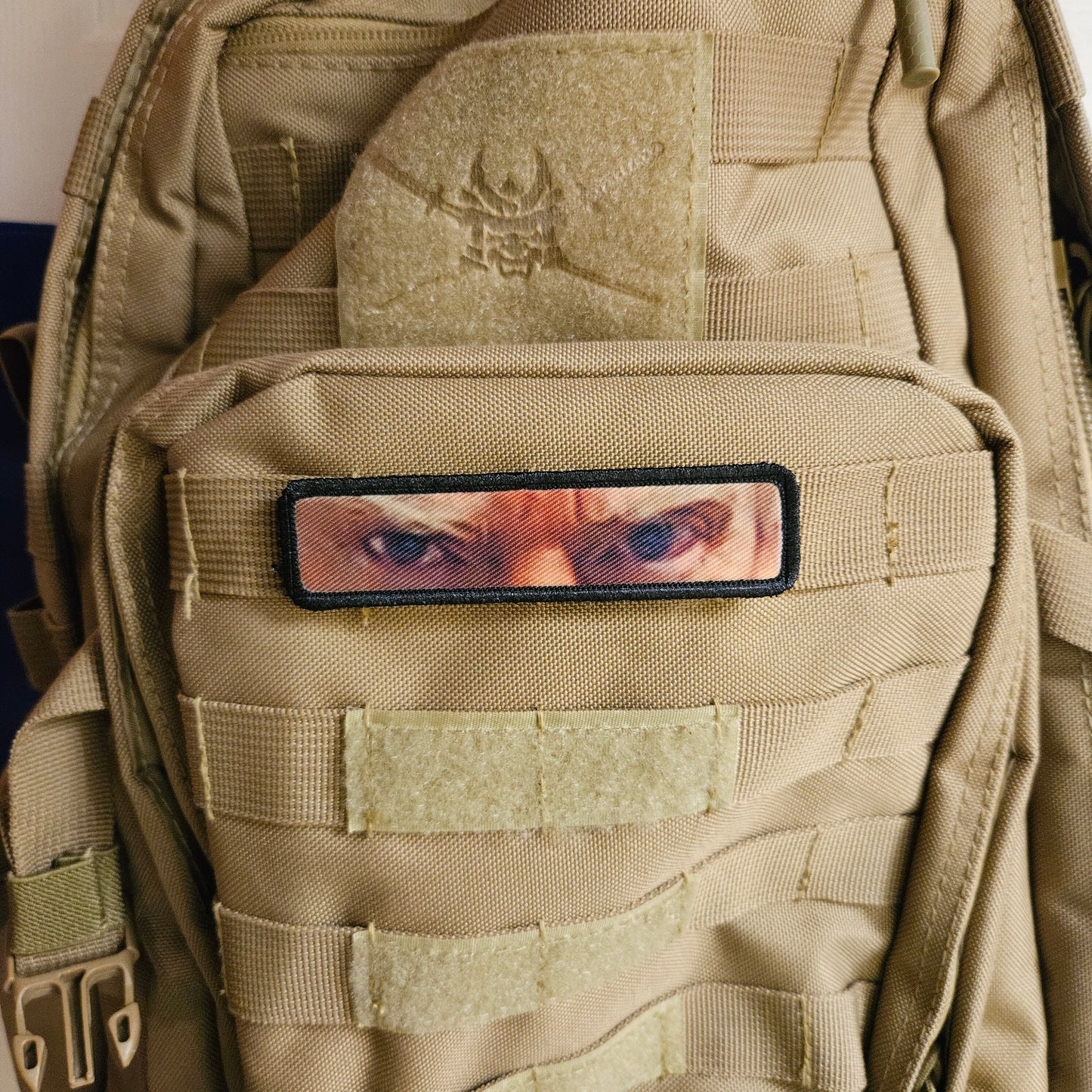 mug shot eyes watching you 1"x4" removable morale patch with hook and loop backing good for back of operator hats