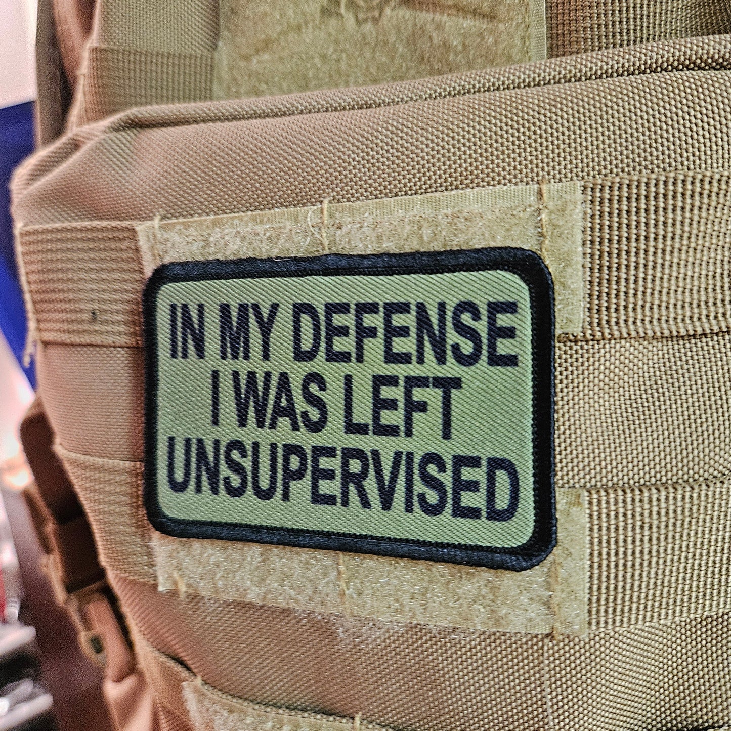 Green In My Defense I was left Unsupervised removable patch 2"x3" morale patch with hook and loop backing