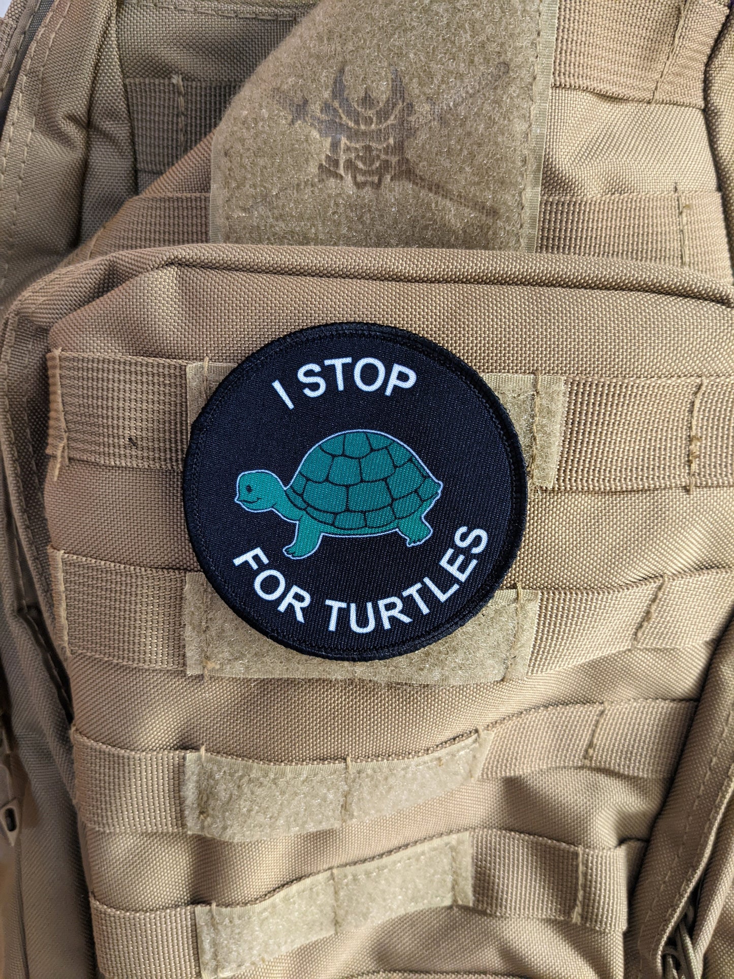 I stop for turtles save the turtles 3" circle removable morale patch with hook and loop backing