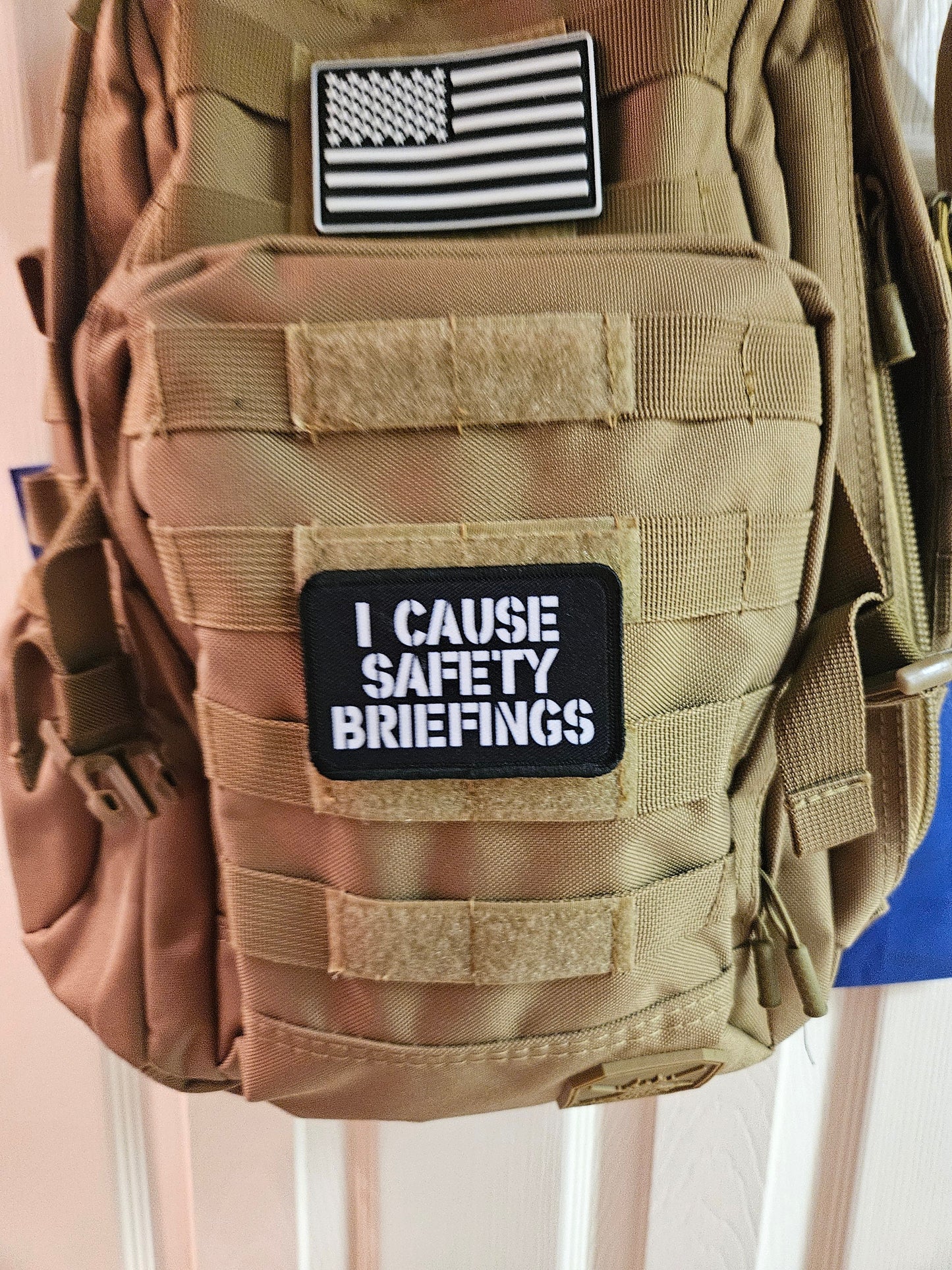 I cause safety briefings funny meme edc black 2"x3" morale patch with hook and loop backing military joke meme