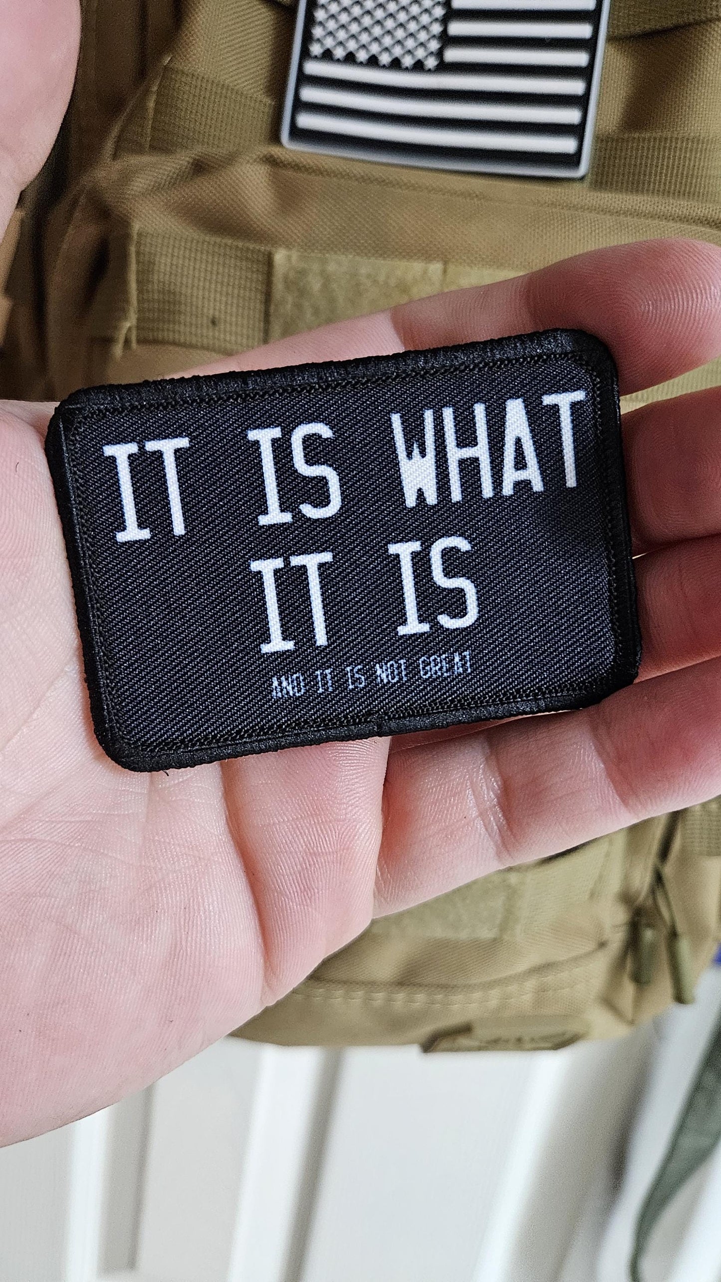 It is what it is and it is not great meme 2"x3" removable morale patch with hook and loop backing black and white