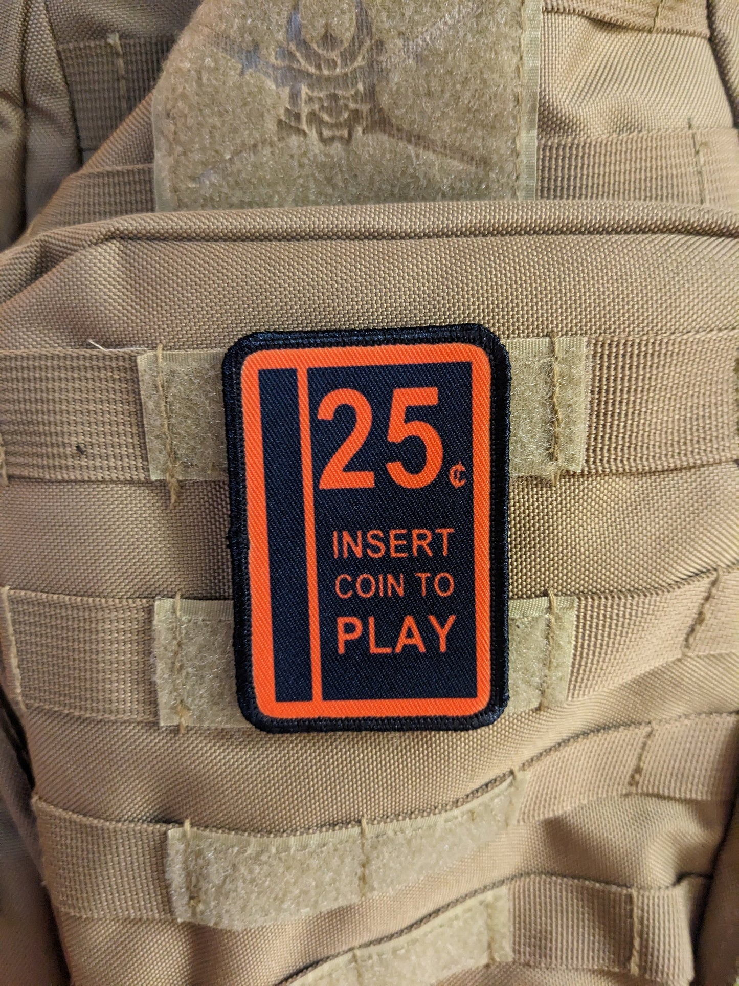 25 cents insert coin arcade 2"x3" morale patch with hook and loop backing