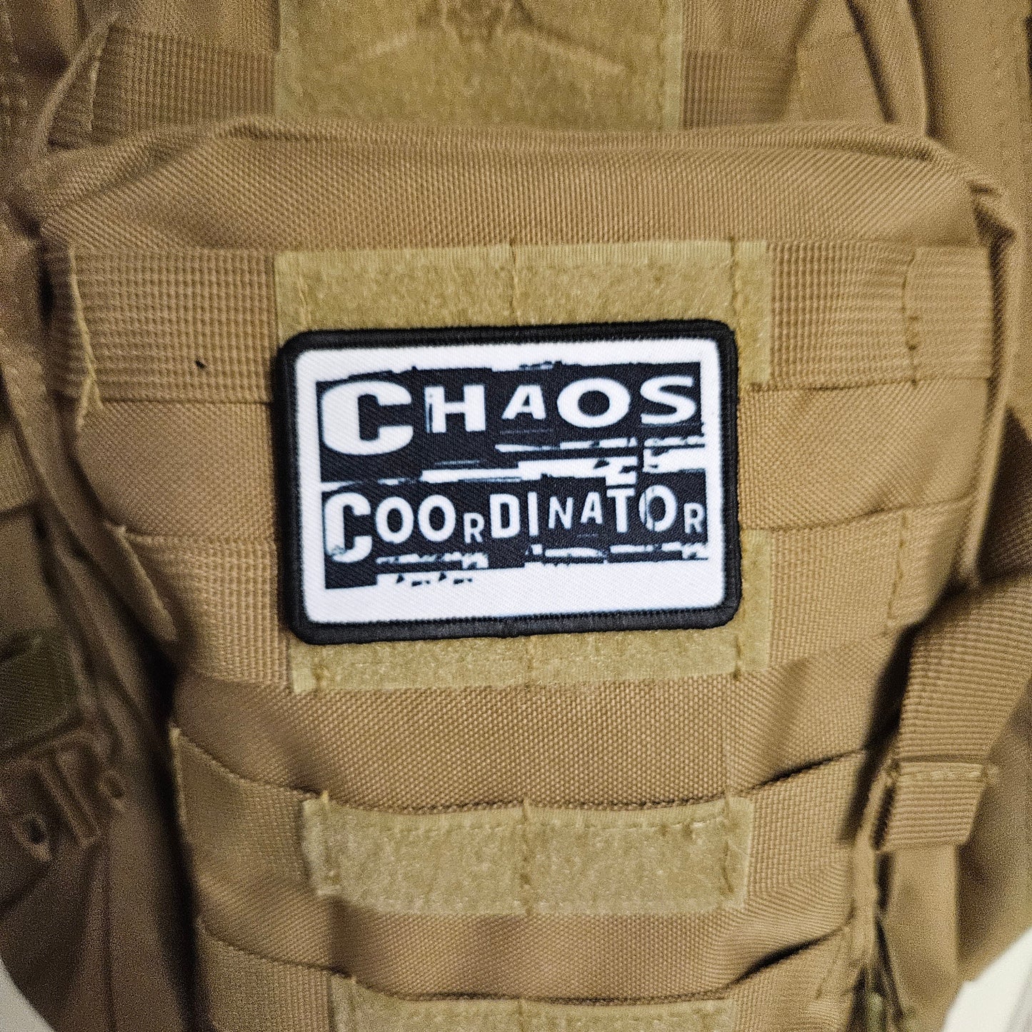 Chaos coordinator funny patch 2" x3" inch morale patch hook and loop backing black and white