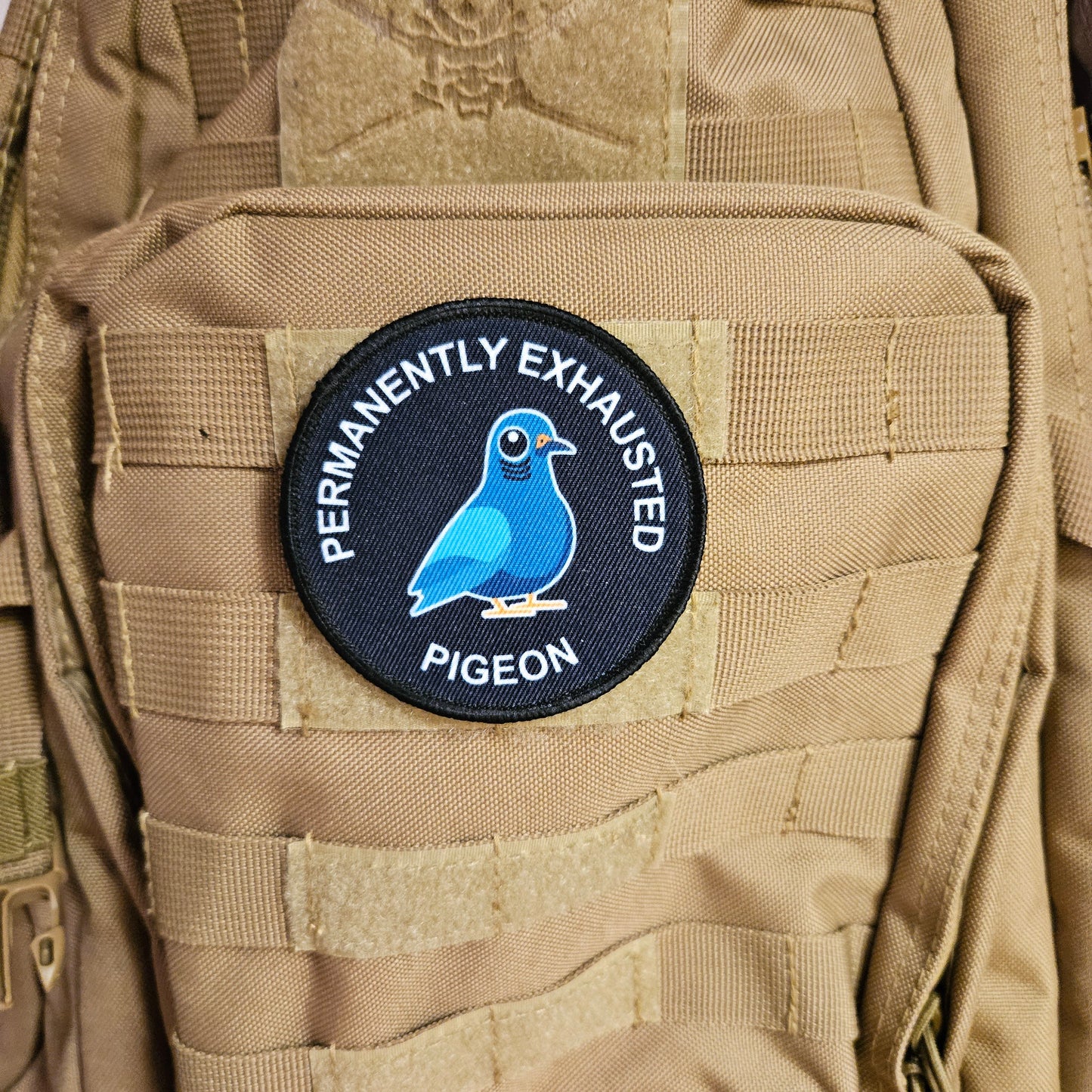 Permanently exhausted pigeon. 3" circle morale patch with hook and loop backing