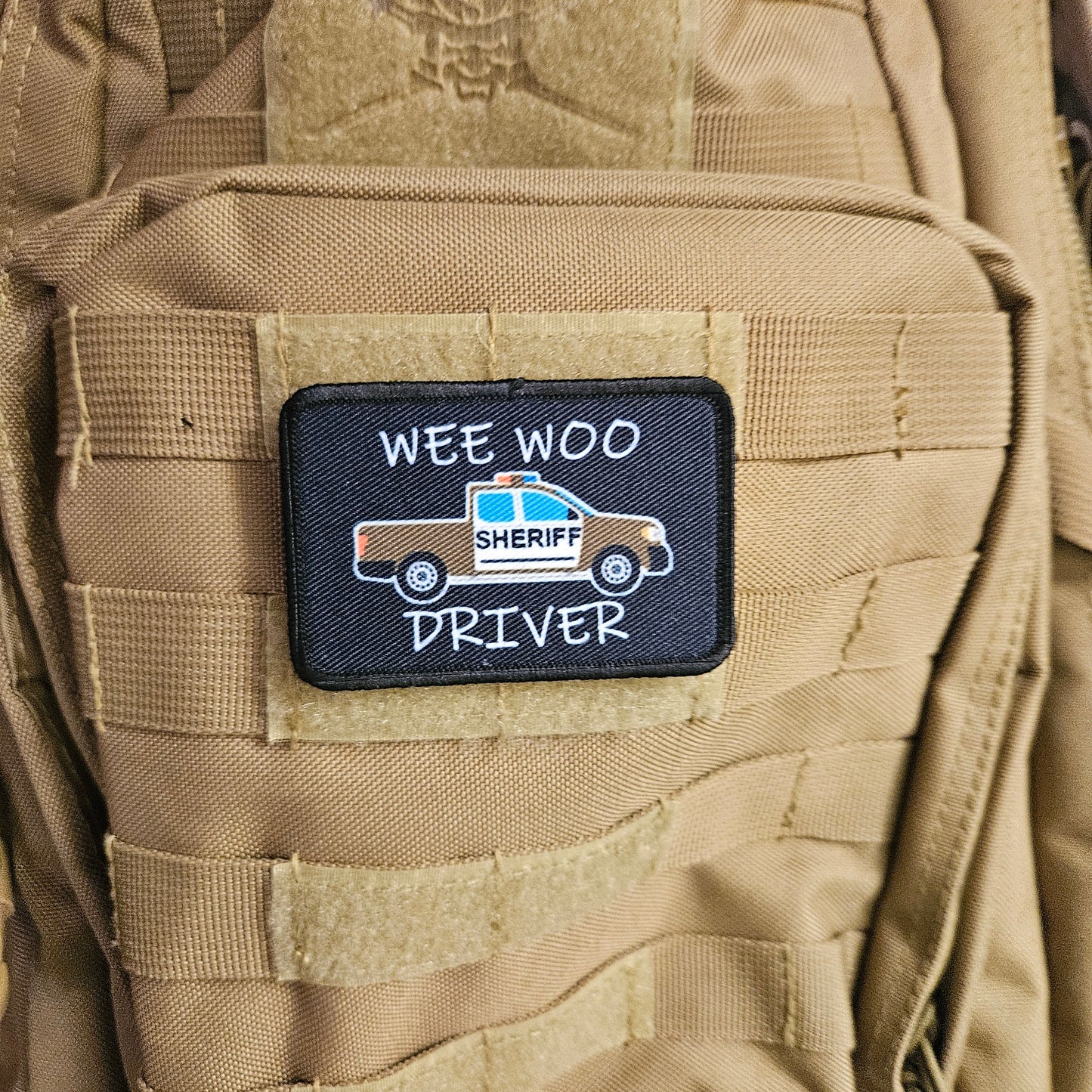 Wee woo driver sheriff pick-up brown version driver funny 2"x3" removable morale patch with hook and loop backing