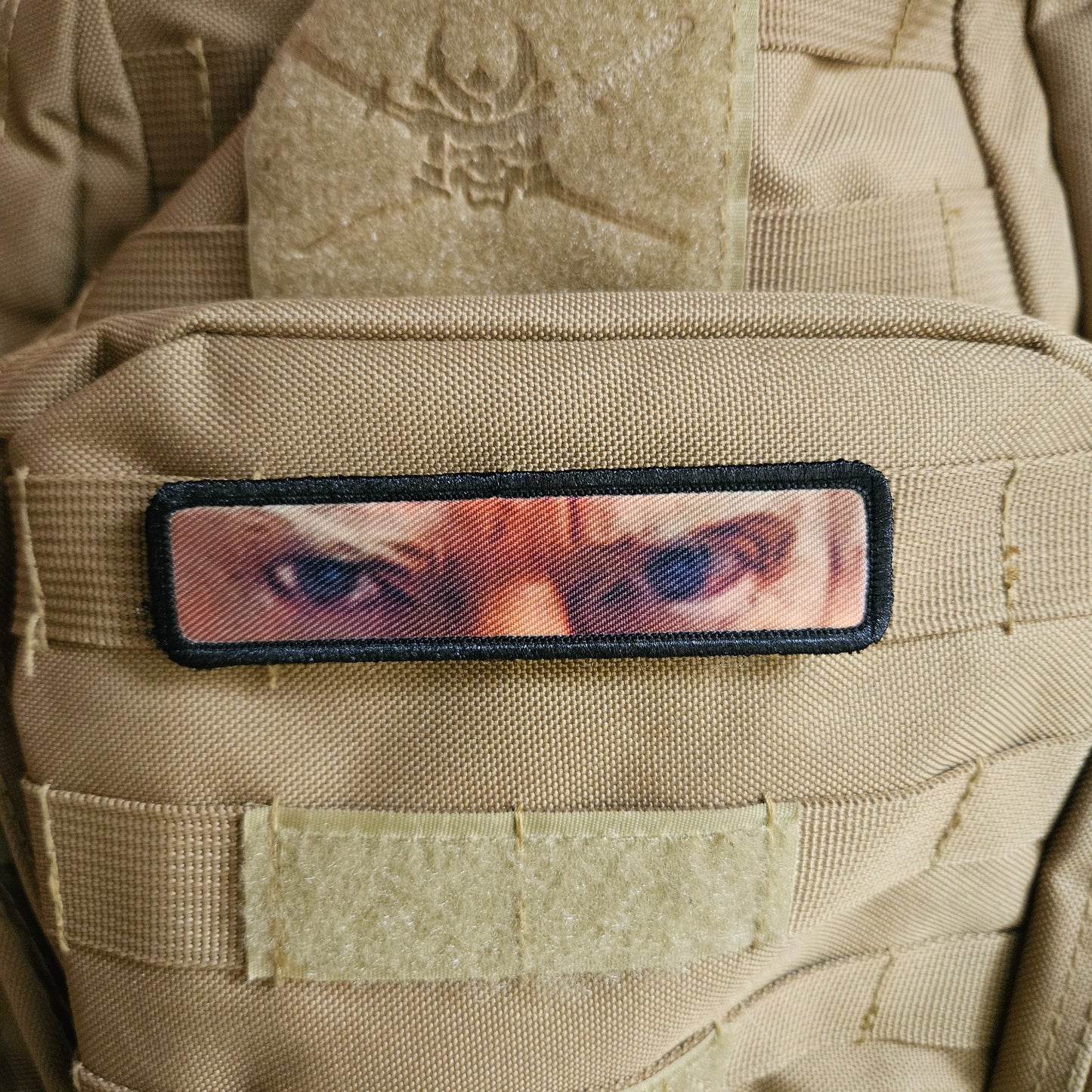 mug shot eyes watching you 1"x4" removable morale patch with hook and loop backing good for back of operator hats
