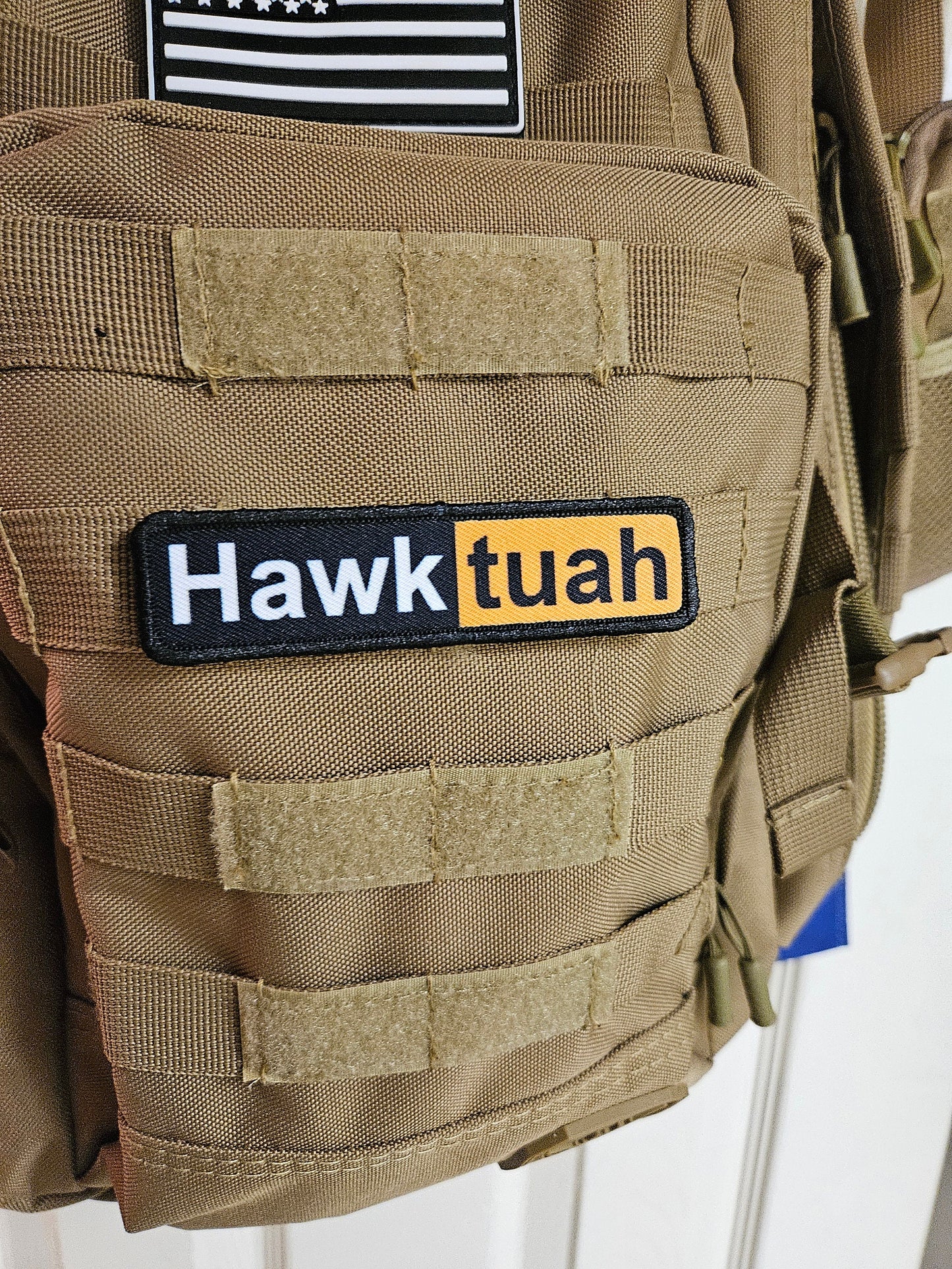 Hawk tuah spicy 1"x4" removable morale patch with hook and loop backing good for back of operator hats