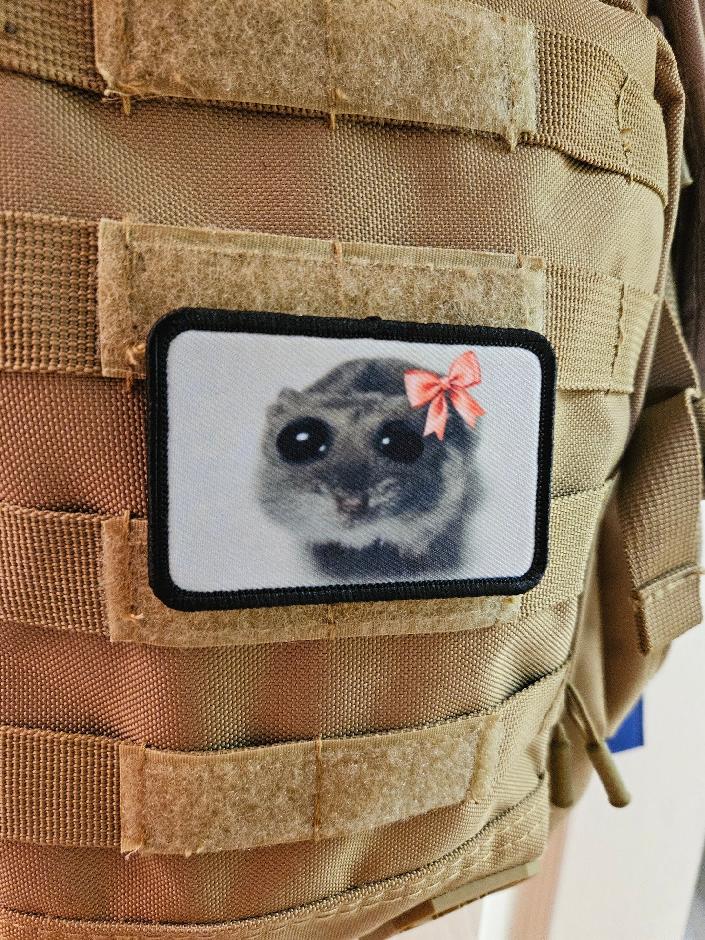 Sad hamster coquette meme 2"x3" removable morale patch with hook and loop backing