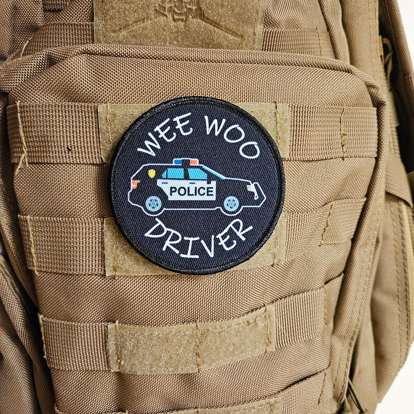Wee woo driver police SUV driver funny 3" circle removable morale patch with hook and loop backing