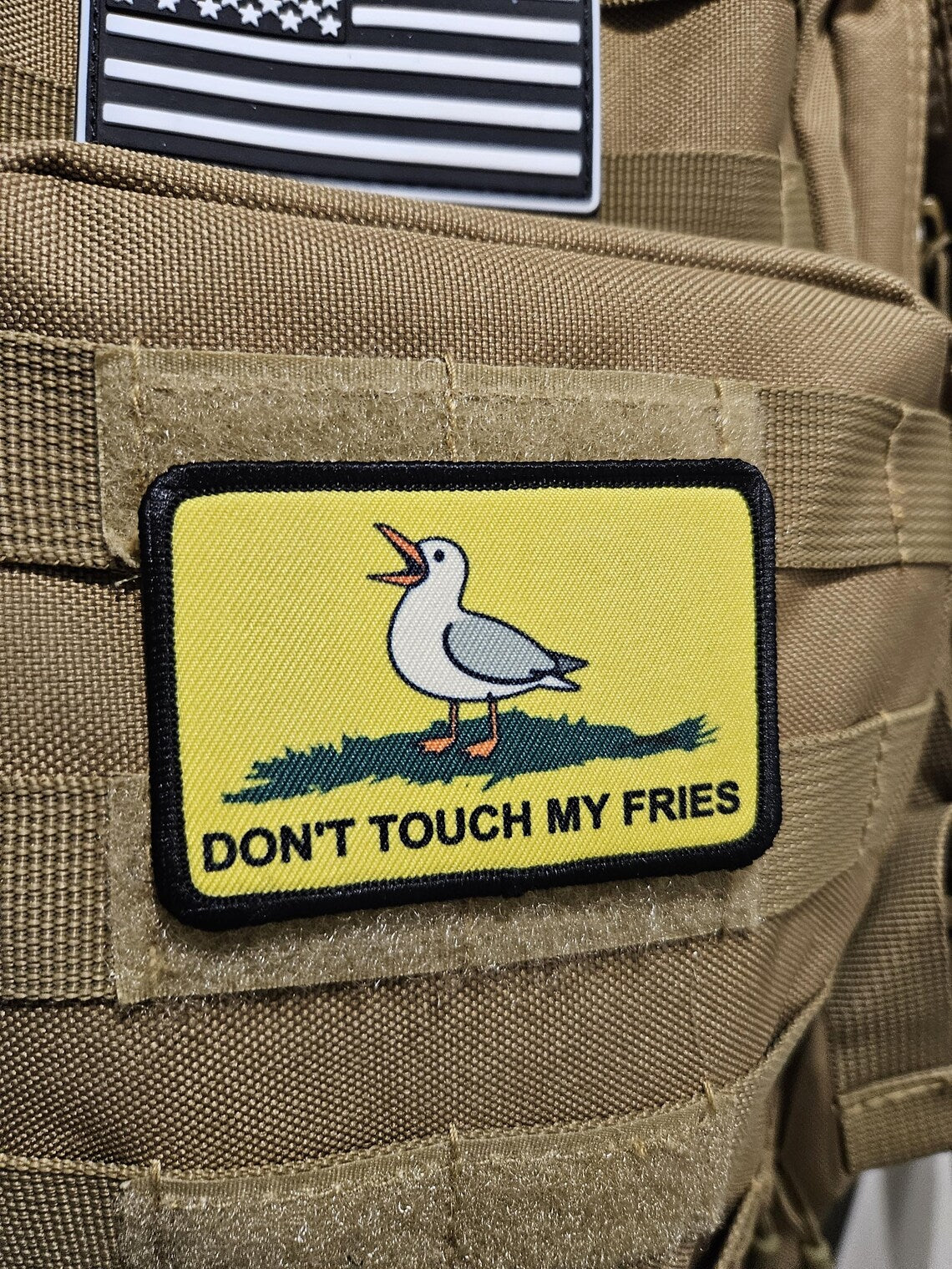 Don't touch my fries seagull joke Gadsden flag meme 2"x3" removable morale patch with hook and loop backing