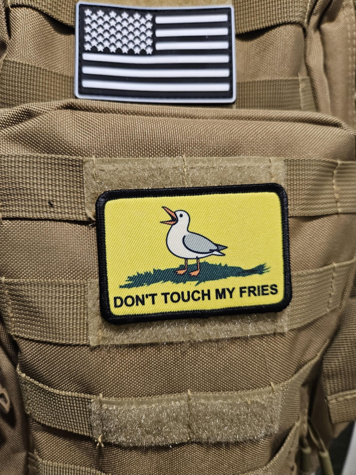 Don't touch my fries seagull joke Gadsden flag meme 2"x3" removable morale patch with hook and loop backing