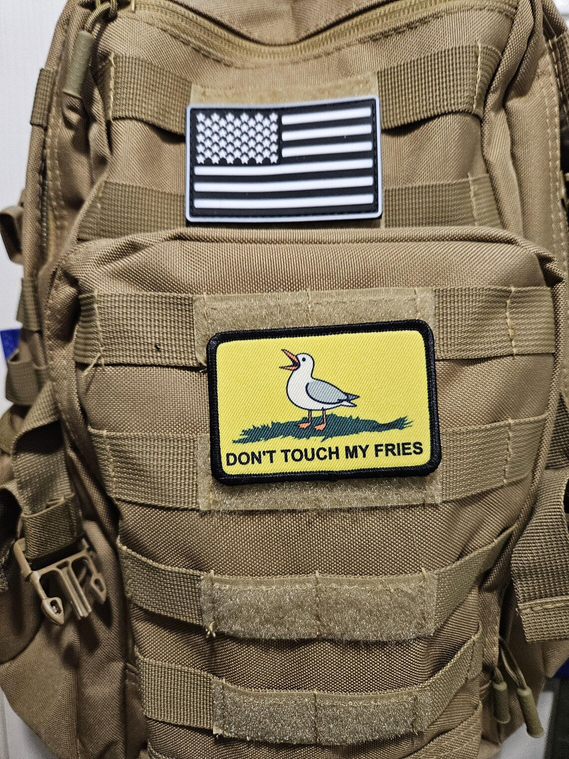 Don't touch my fries seagull joke Gadsden flag meme 2"x3" removable morale patch with hook and loop backing