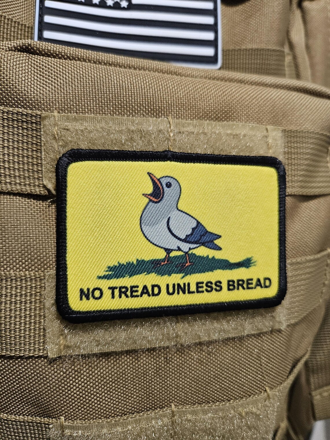no tread unless bread pigeon Gadsden flag meme 2"x3" removable morale patch with hook and loop backing