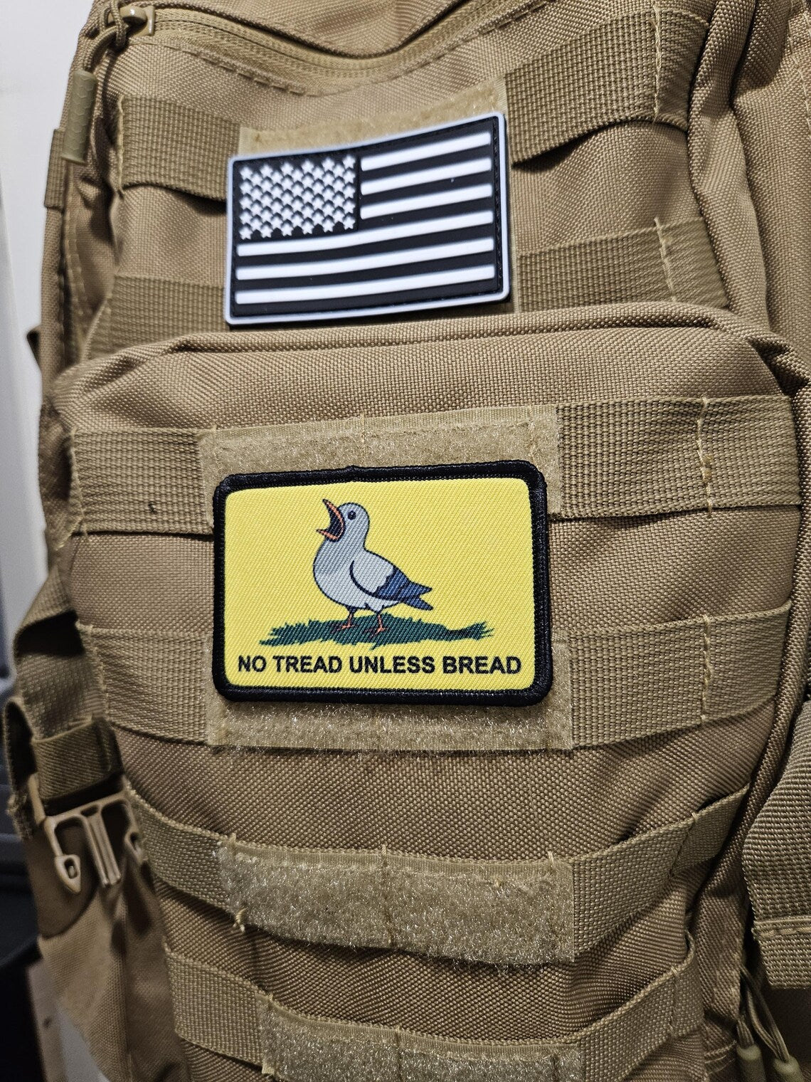 no tread unless bread pigeon Gadsden flag meme 2"x3" removable morale patch with hook and loop backing