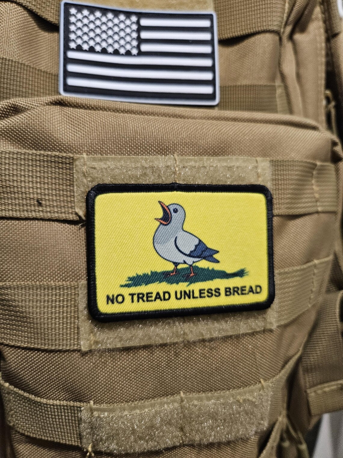 no tread unless bread pigeon Gadsden flag meme 2"x3" removable morale patch with hook and loop backing