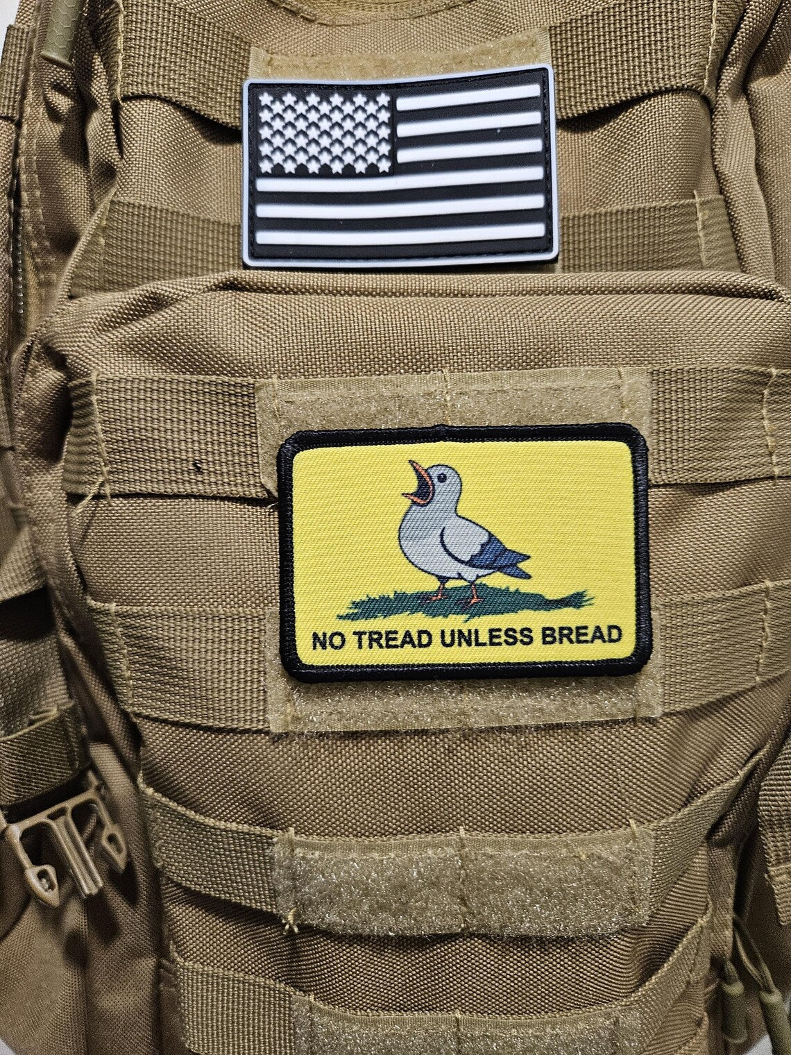 no tread unless bread pigeon Gadsden flag meme 2"x3" removable morale patch with hook and loop backing