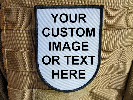 Custom choose your own image or text 3"x4" shield shaped  hook & loop morale patch