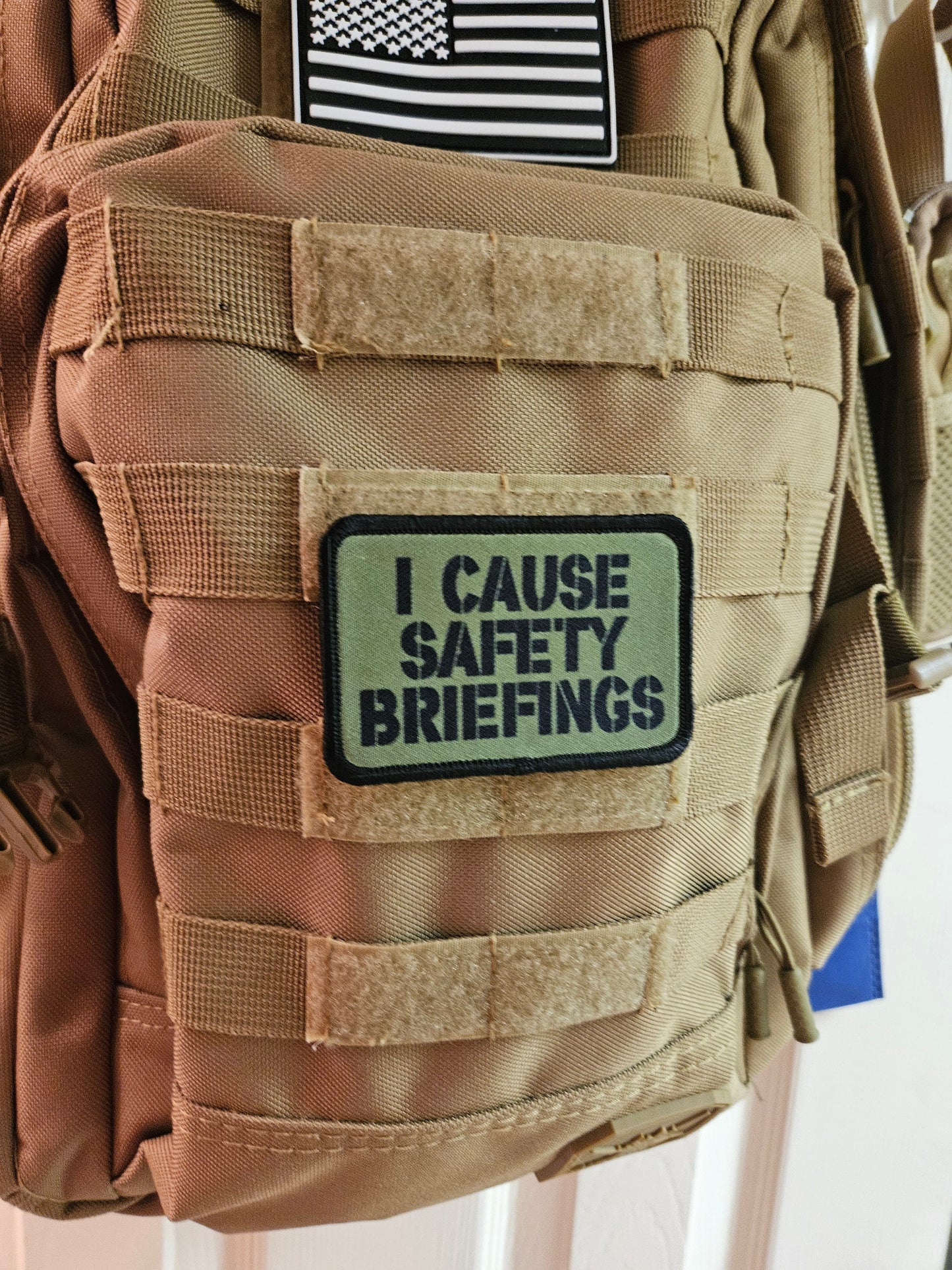 I cause safety briefings funny meme edc olive green  2"x3" morale patch with hook and loop backing military joke meme