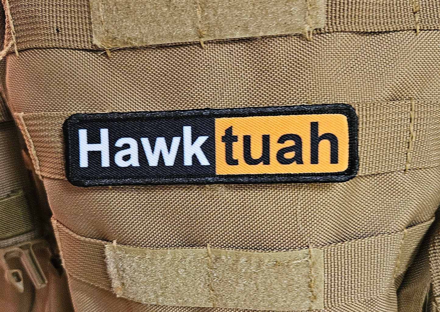 Hawk tuah spicy 1"x4" removable morale patch with hook and loop backing good for back of operator hats