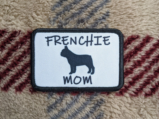 French bulldog mom 2"x3" white morale patch with hook and loop backing