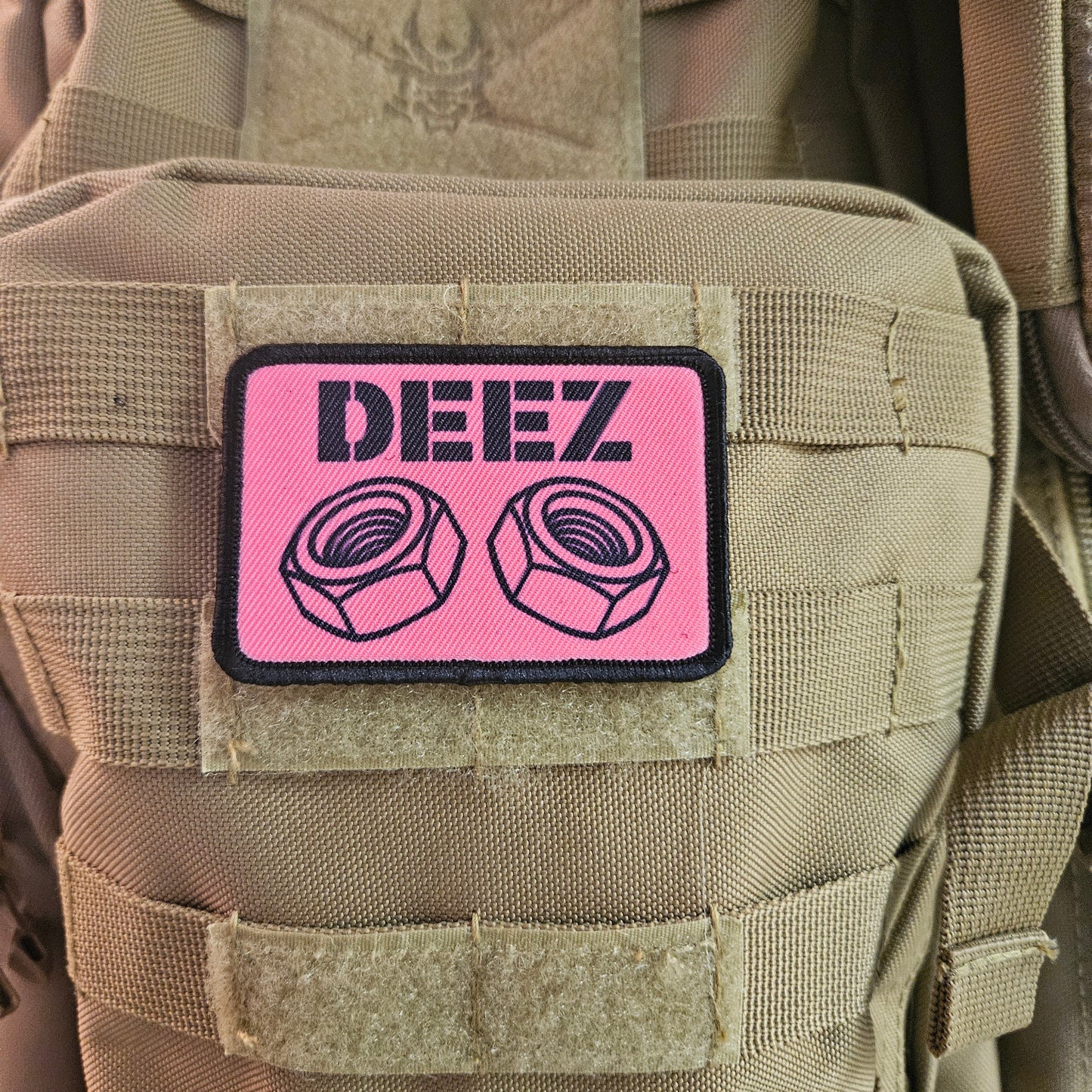 Deez nuts and bolts funny removable patch pink 2"x3" morale patch with hook and loop backing