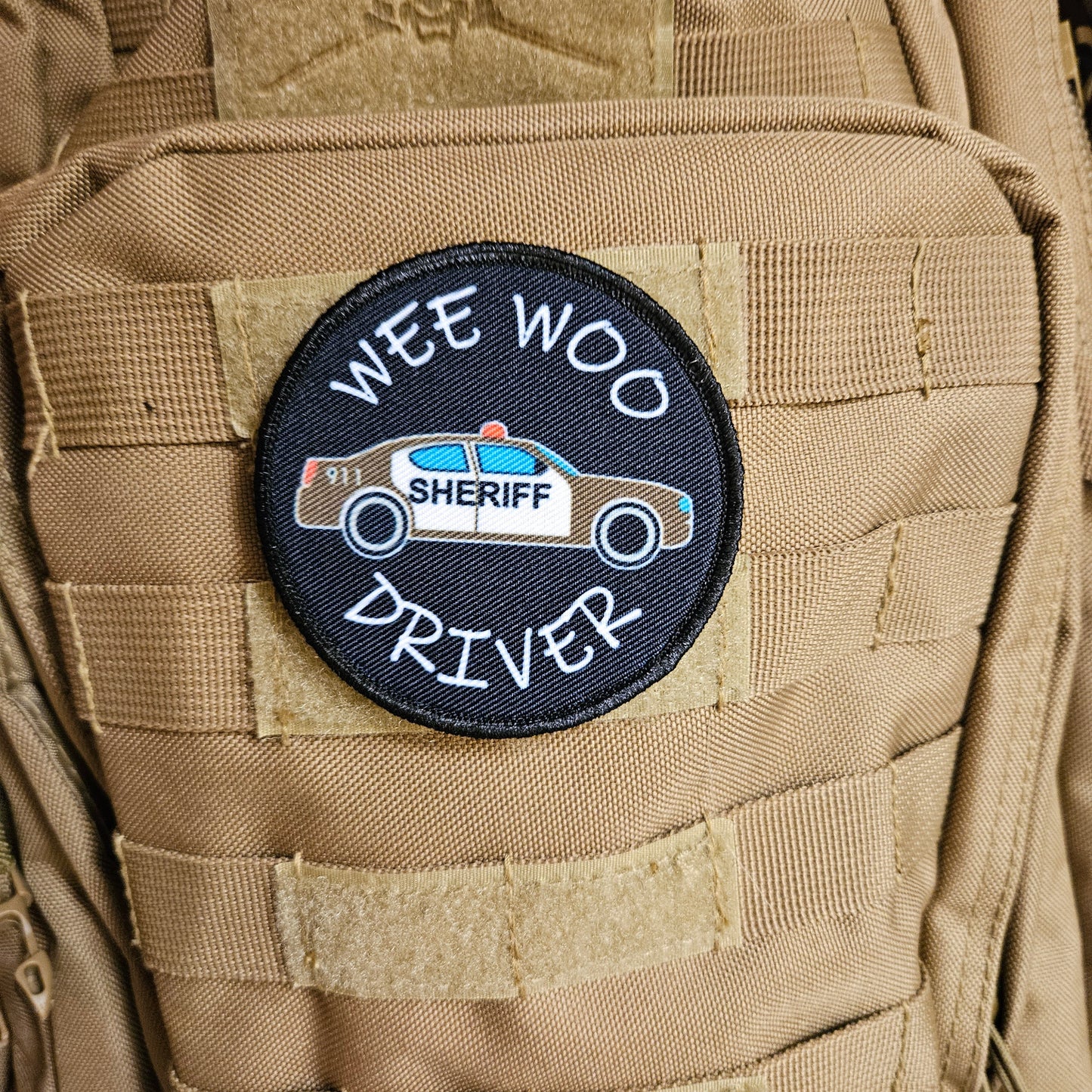Wee woo driver sheriff car driver funny 3" circle removable morale patch with hook and loop backing