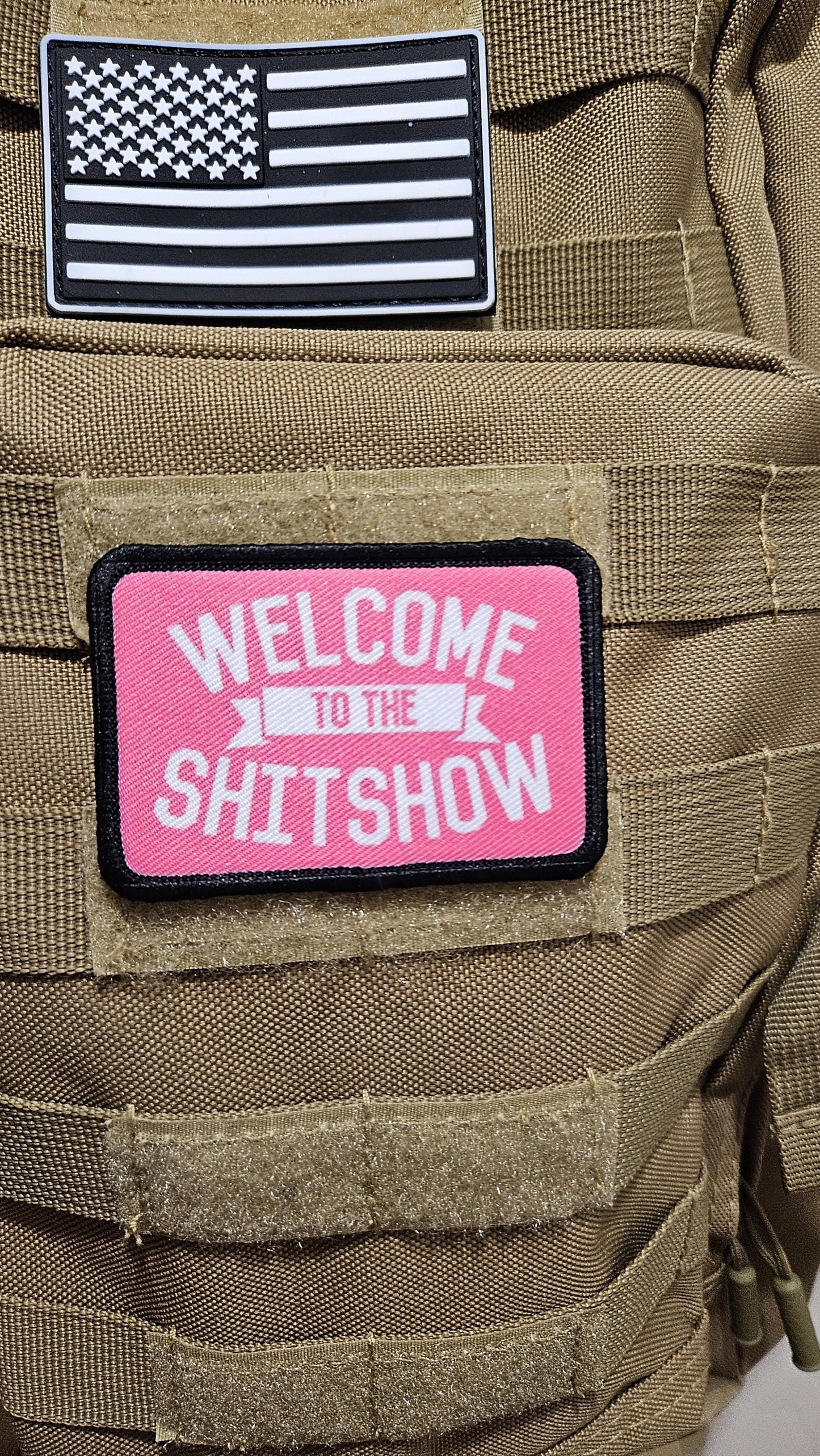 WELCOME to the SHITSHOW funny 2"x3" morale patch with hook and loop backing pink