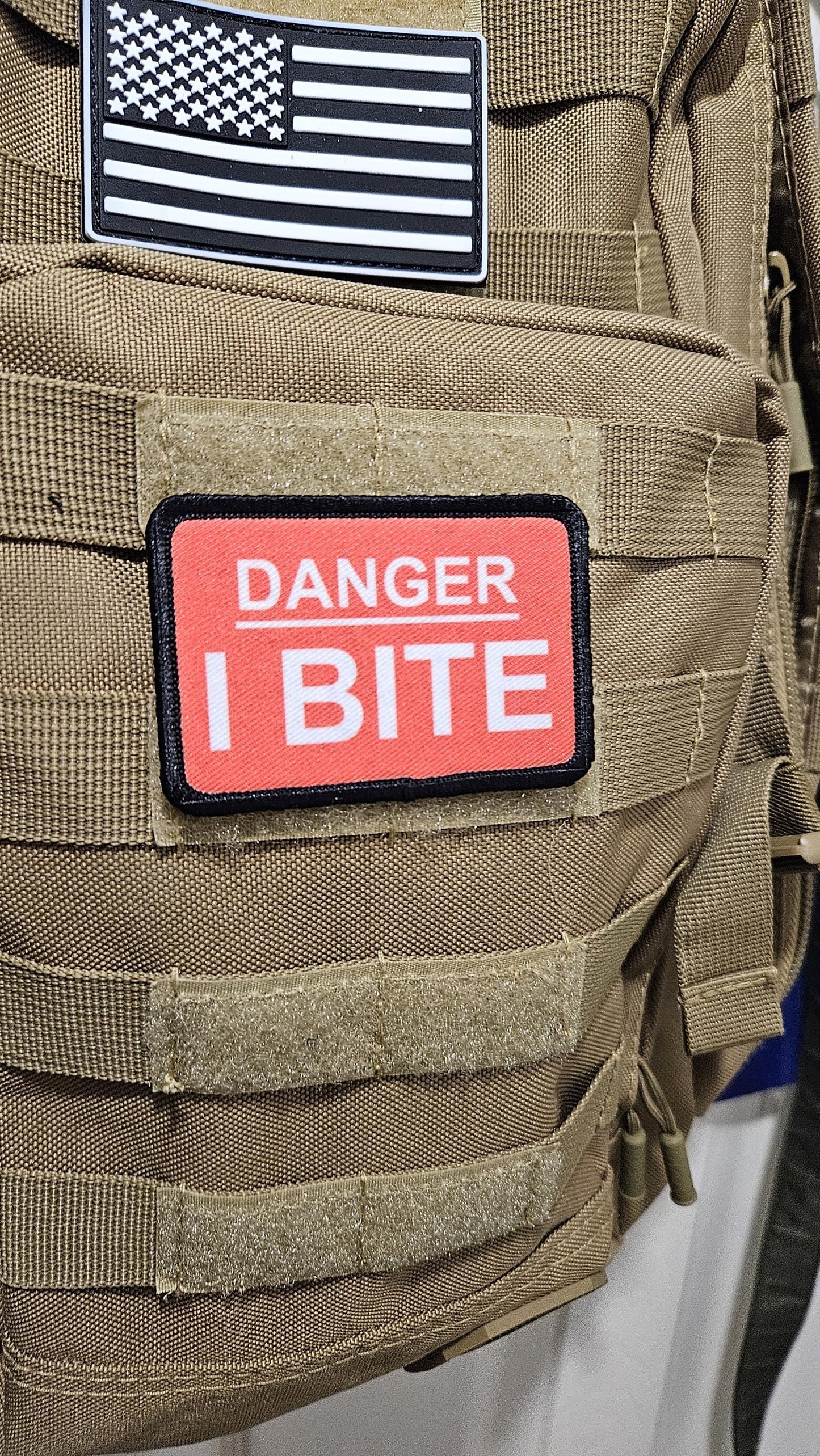 Danger I bite dog vest patch 2"x3" removable morale patch with hook and loop backing